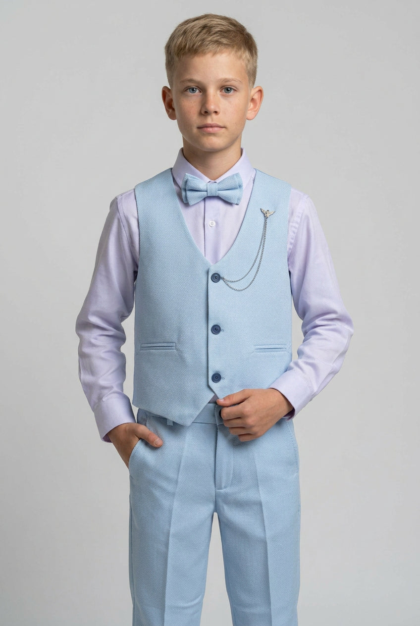 Boys' Slim Fit Textured Waistcoat Suit Set, Formal Outfit - Light Blue