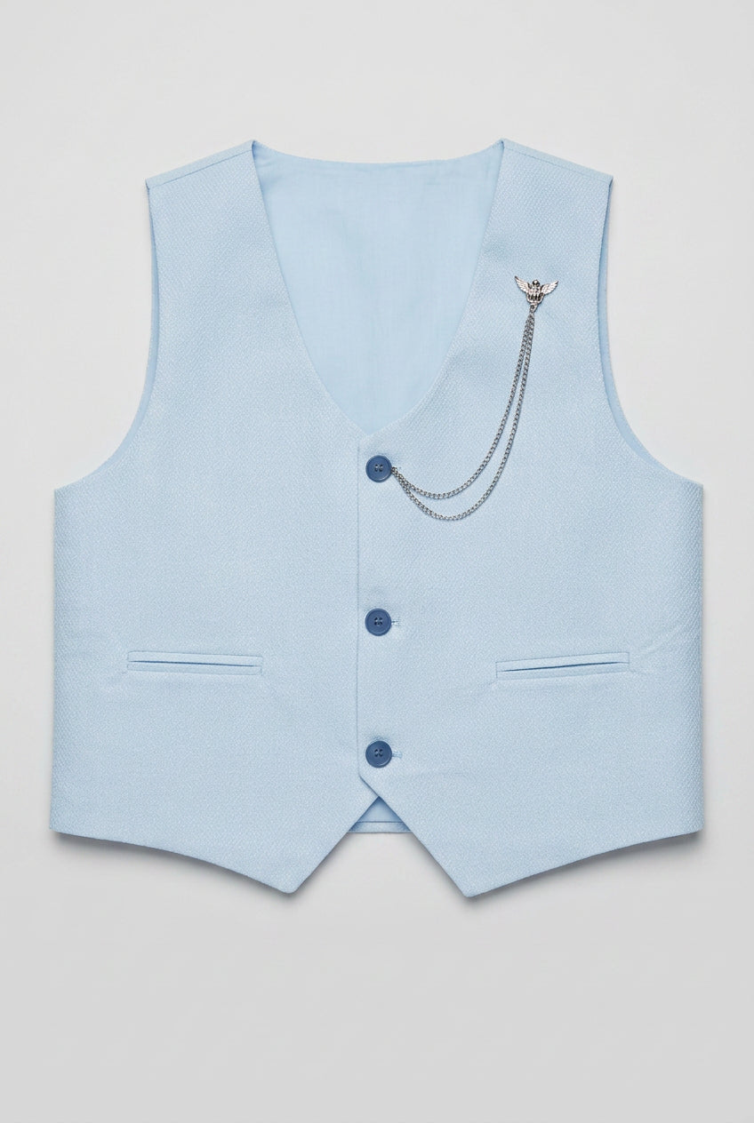 Boys' Slim Fit Textured Waistcoat Suit Set, Formal Outfit - Light Blue