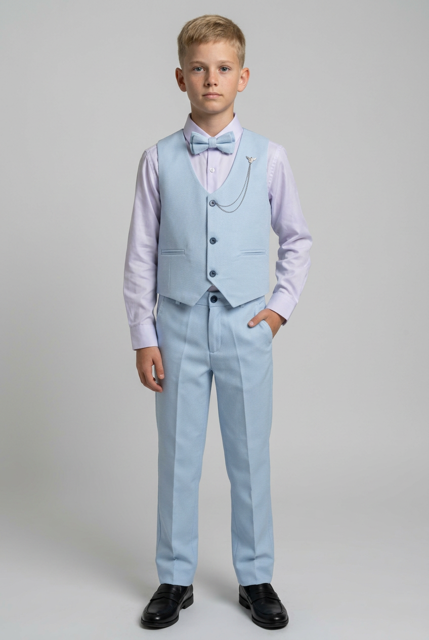 Boys' Slim Fit Textured Waistcoat Suit Set, Formal Outfit - Light Blue