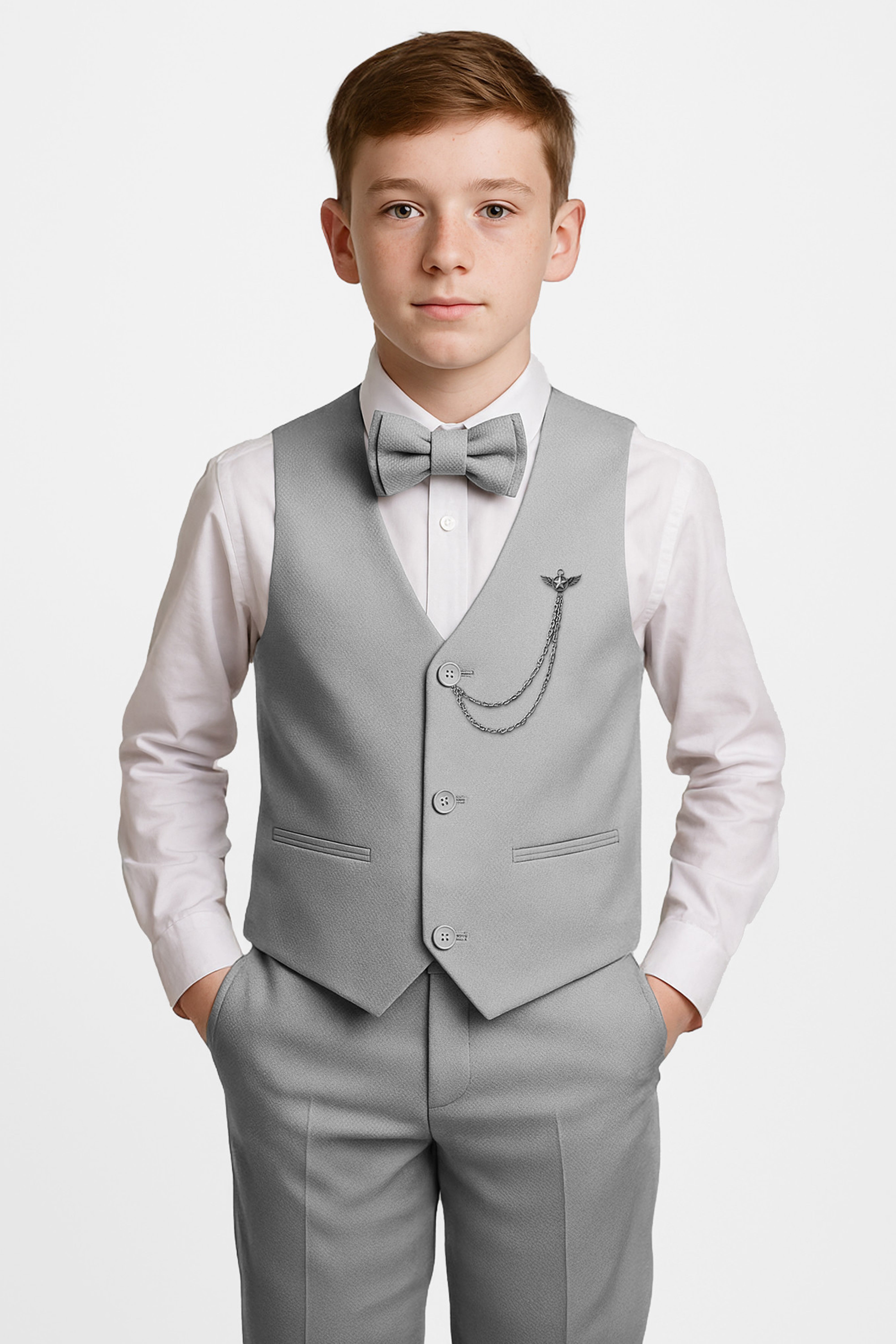 Boys' Slim Fit Textured Waistcoat Suit Set, Formal Outfit - Light Grey Front Picture
