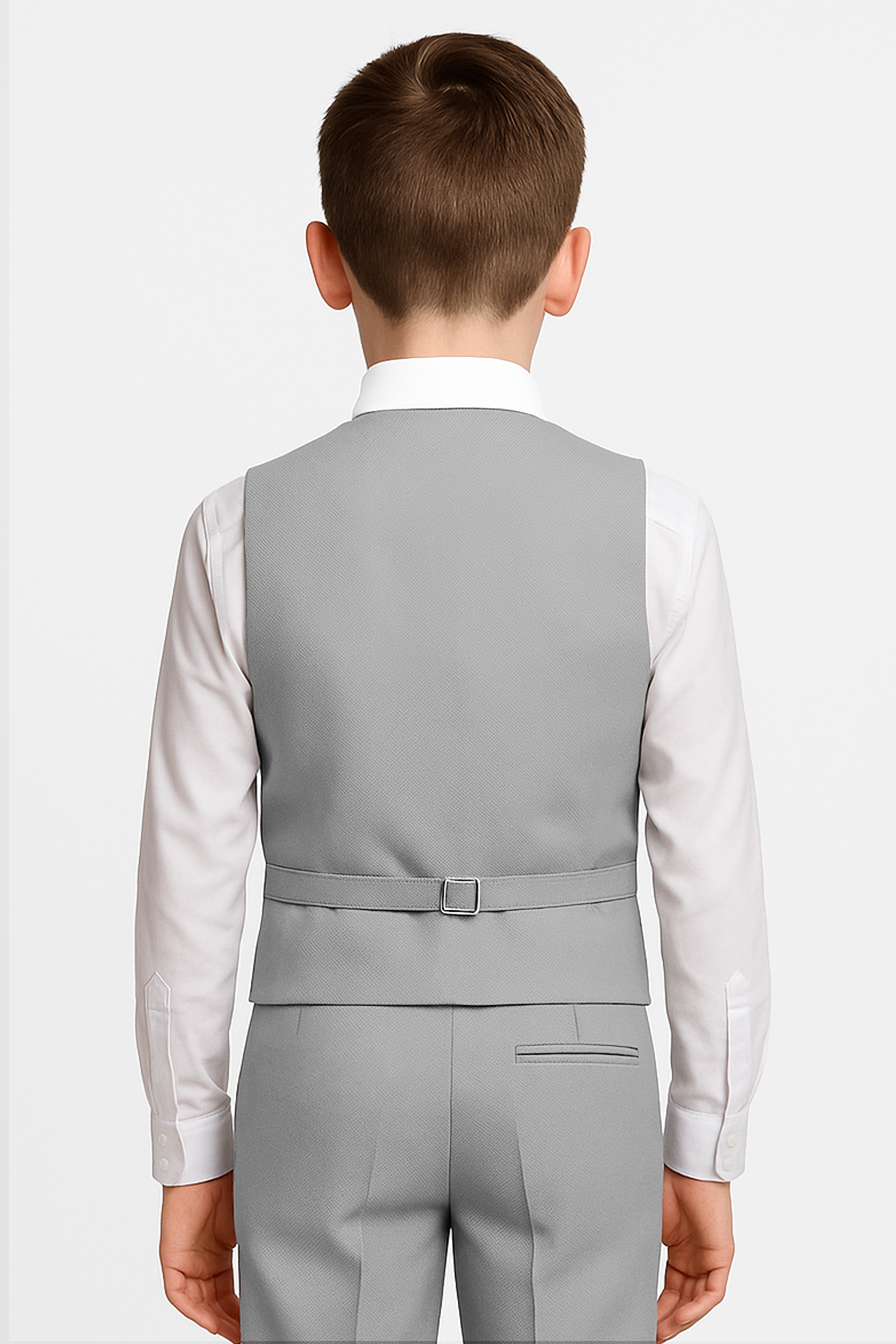 Boys' Slim Fit Textured Waistcoat Suit Set, Formal Outfit - Light Grey Back Picture