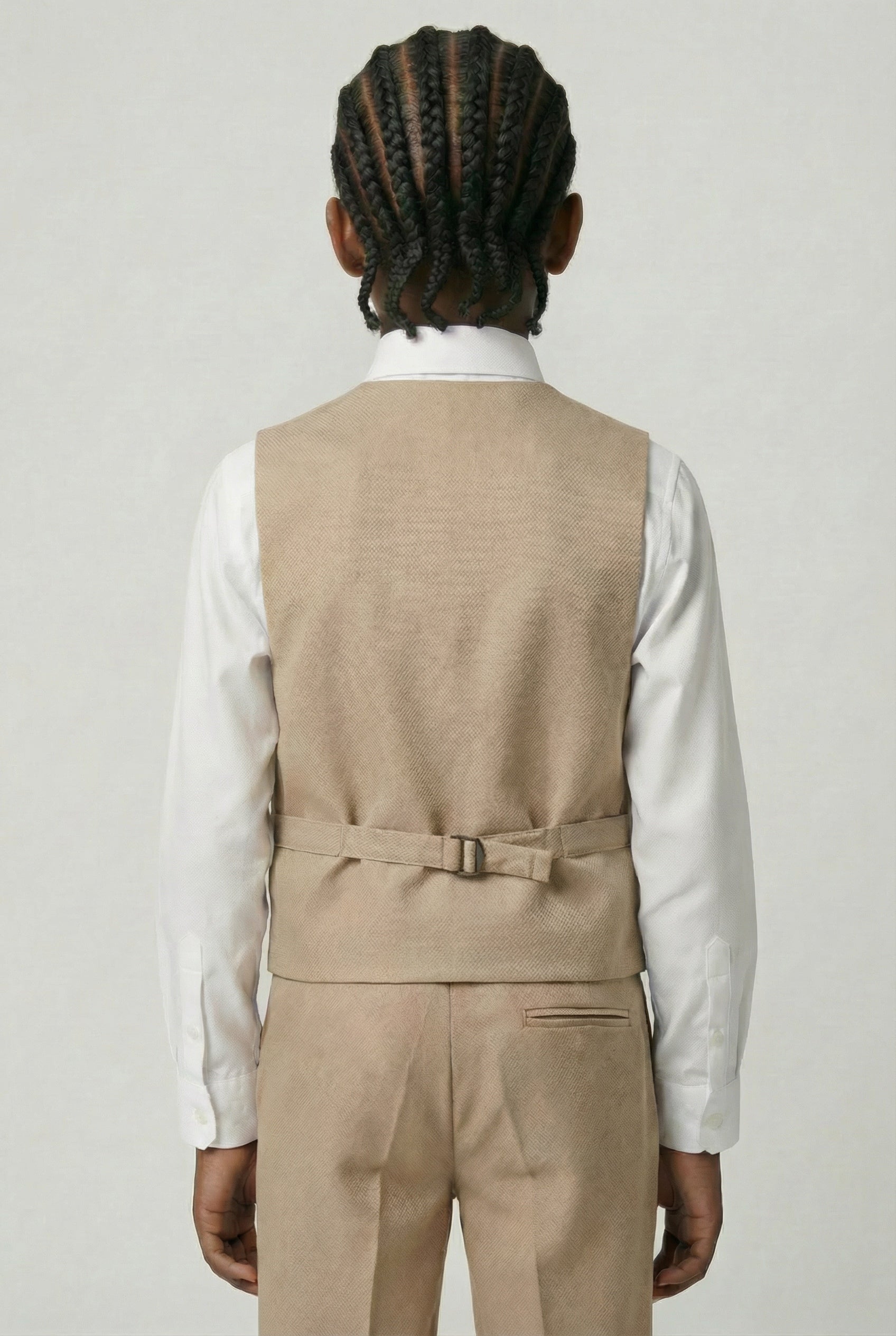 Boys' Slim Fit Textured Waistcoat Suit Set, Formal Outfit - Tan Brown