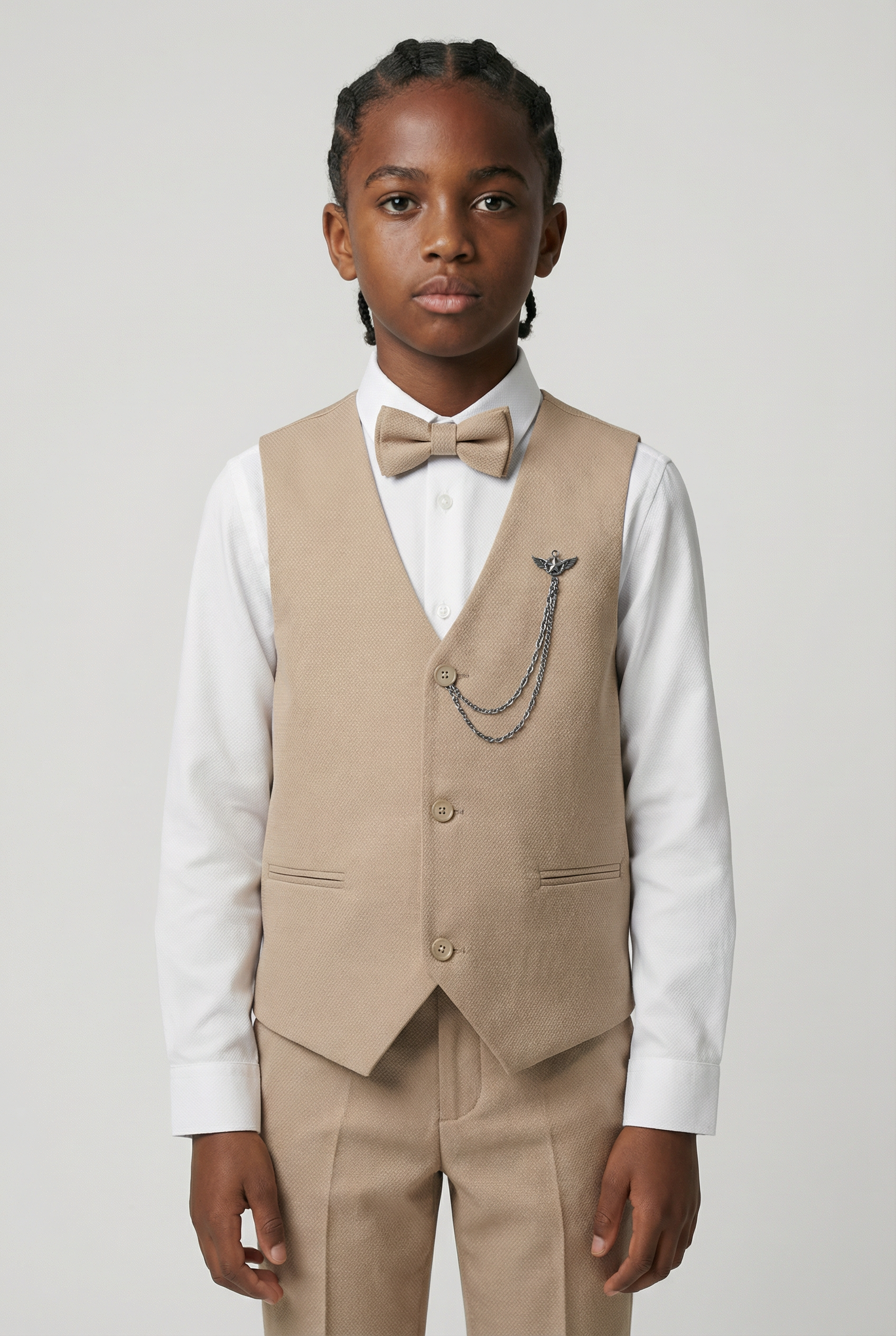 Boys' Slim Fit Textured Waistcoat Suit Set, Formal Outfit - Tan Brown