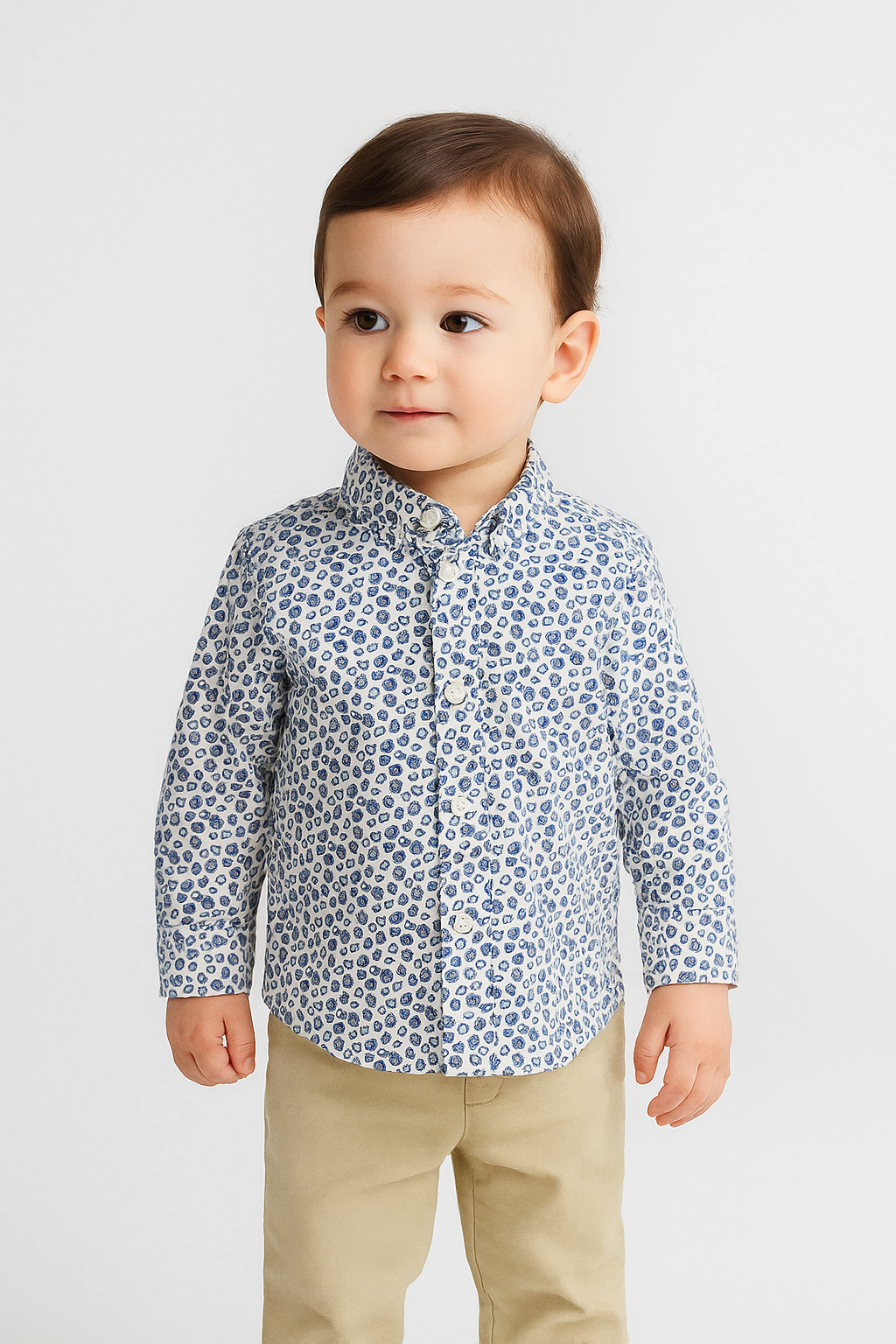 Boys Slim Fit Casual Paisley Shirt - White - Navy Blue Model Picture