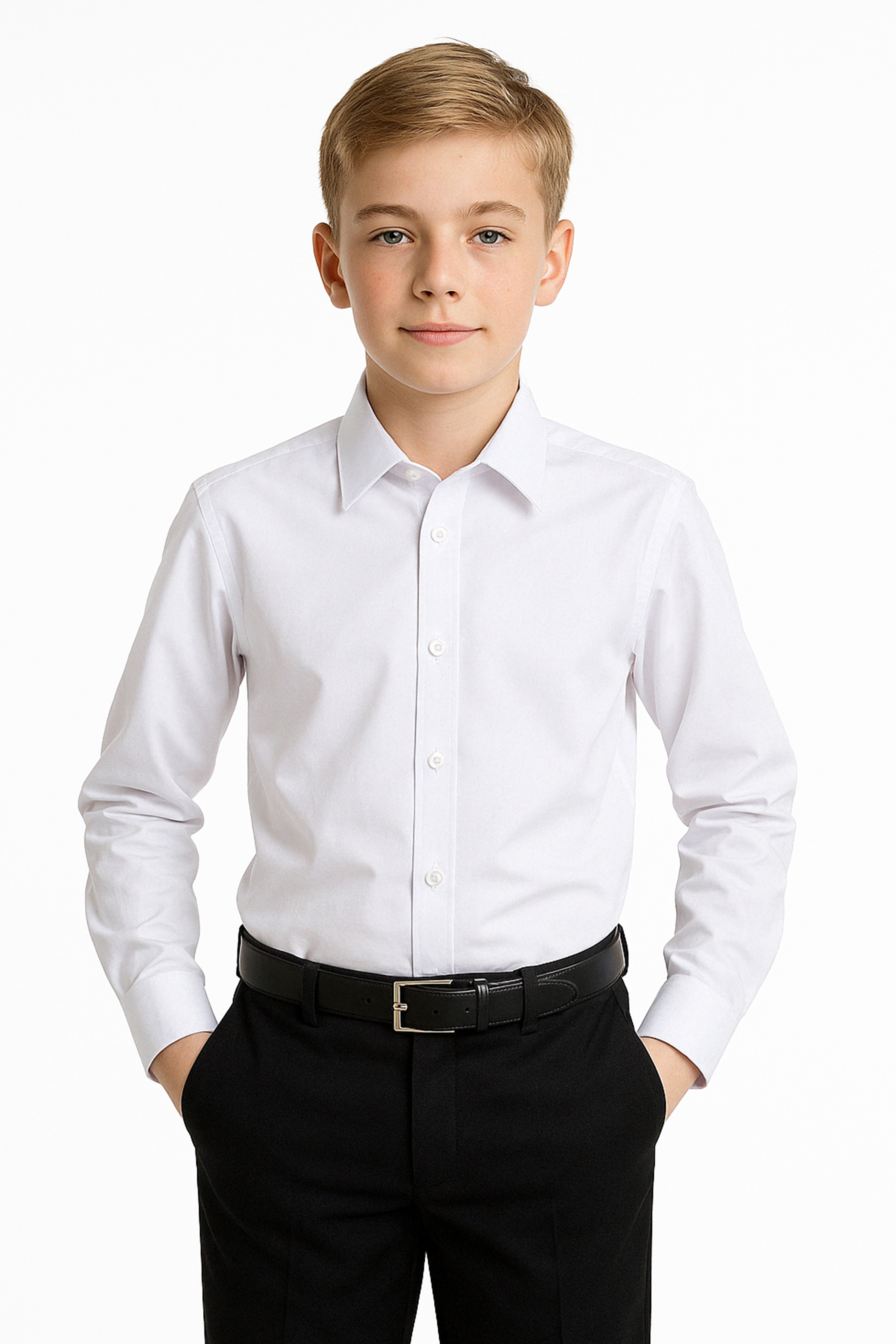 Boys Slim Fit Classic Cotton Blend Shirt - White Front Picture