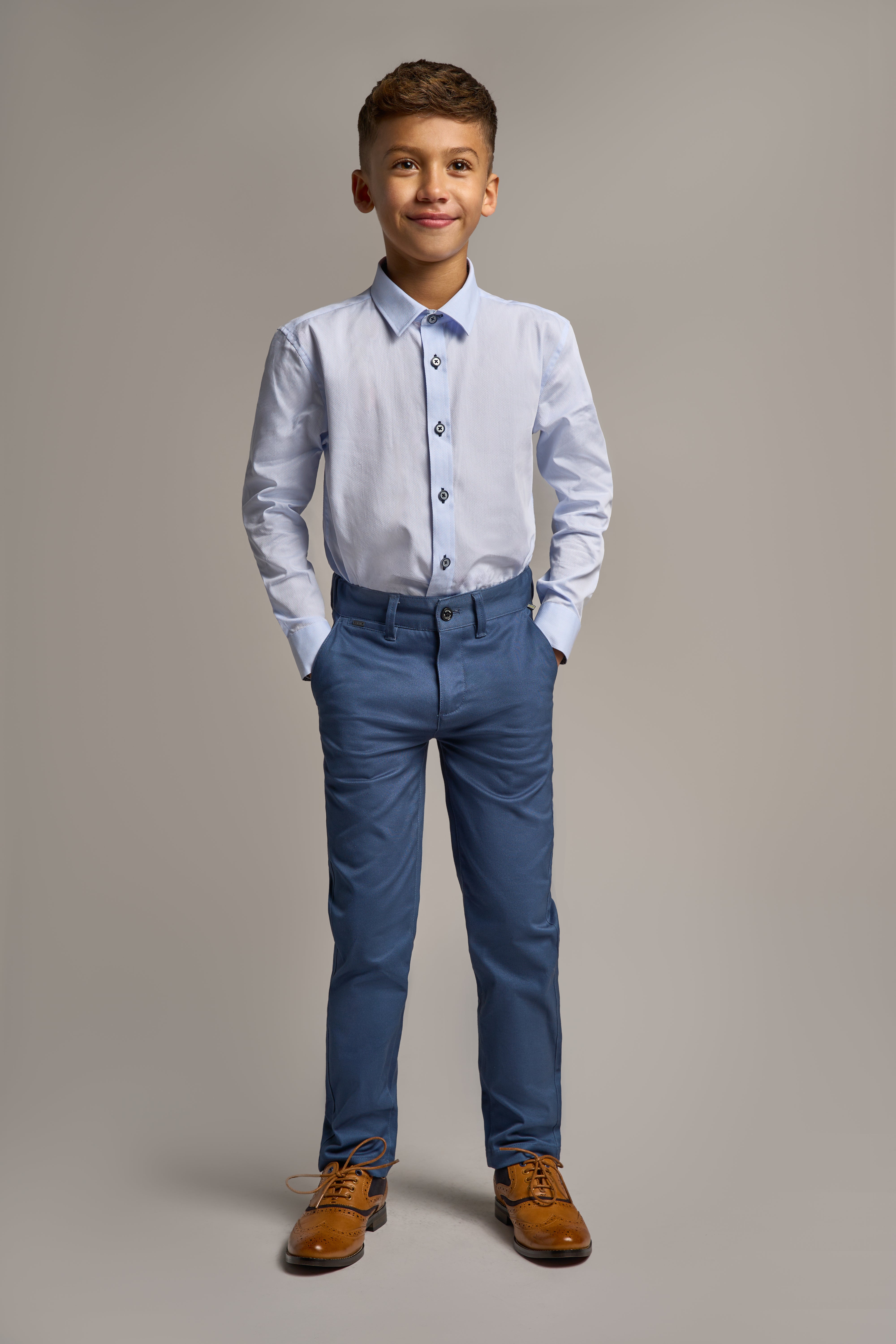 Boys Slim Fit Cotton Chino Trousers - DAKOTA - Cobalt Blue Model Front Picture