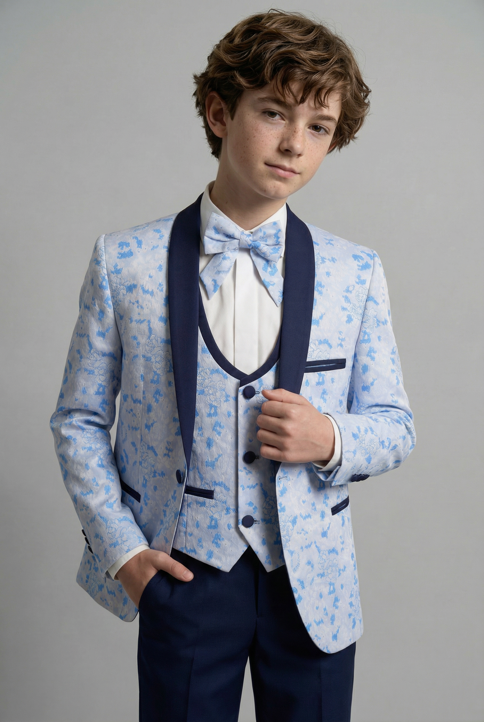 Boys Slim Fit Floral Blue Tuxedo Suit Set - Blue