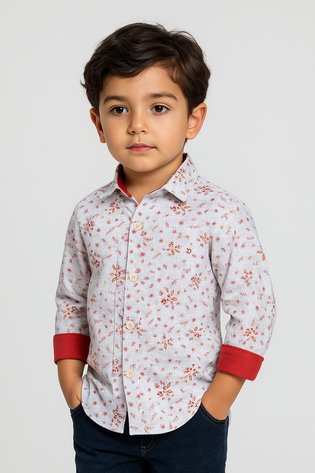 Boys Slim Fit Floral Patterned Fashion Shirt - Blue - Red Model Picture
