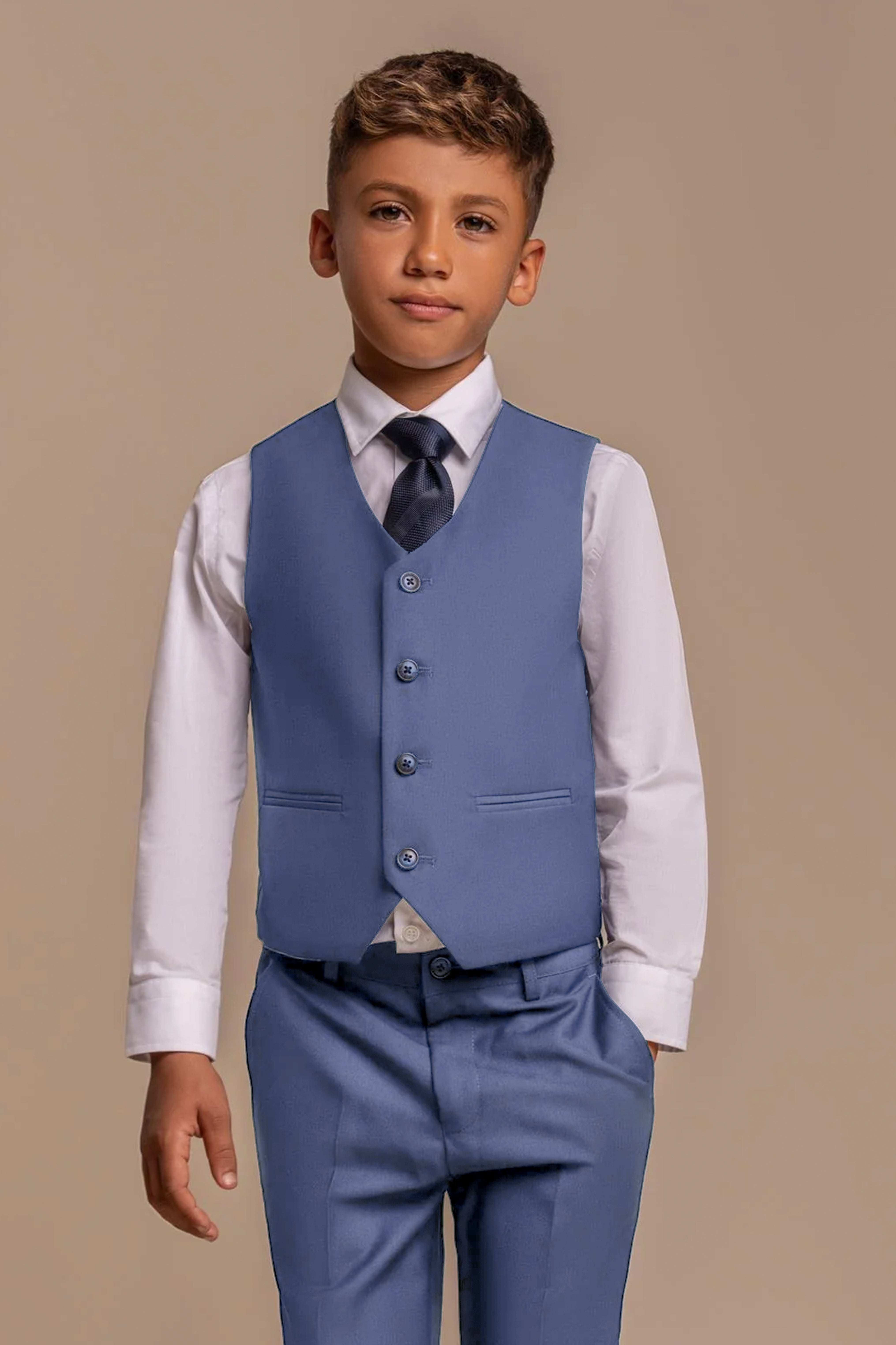 Boys Slim Fit Formal Suit - Blue Jay Waistcoat Front Picture