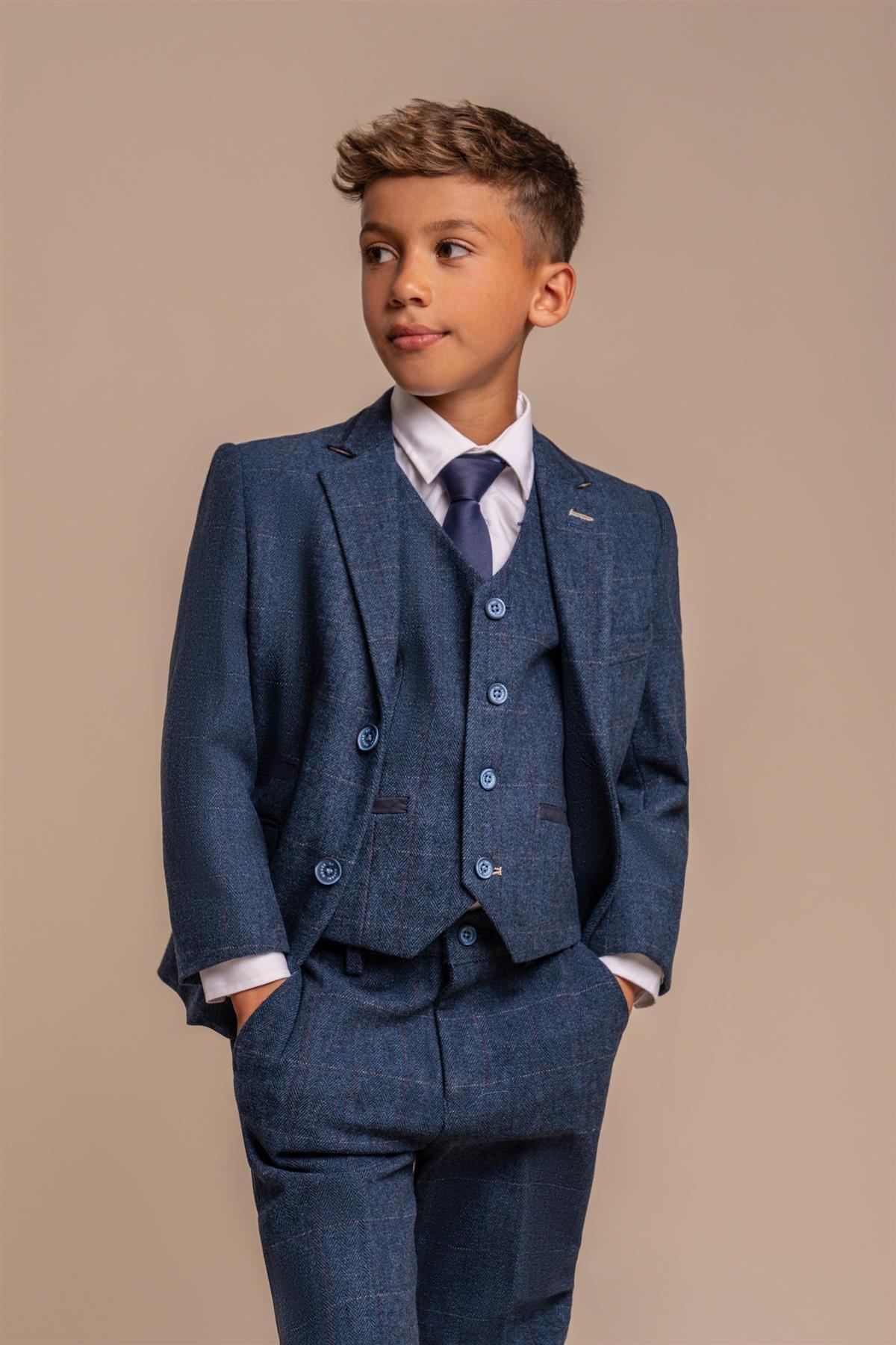 Boys Slim Fit Herringbone Tweed Blue Suit - CARNEGI - Navy Blue Model Picture