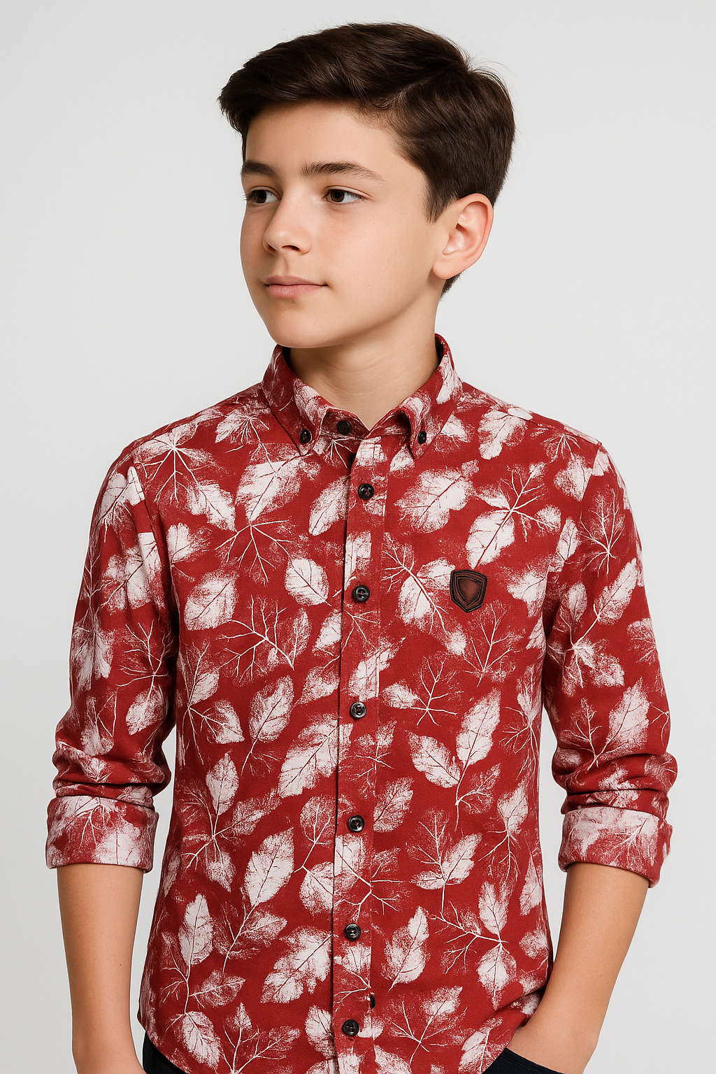 Boys Slim Fit Leaf Print Fashion Shirt - Burgundy - White