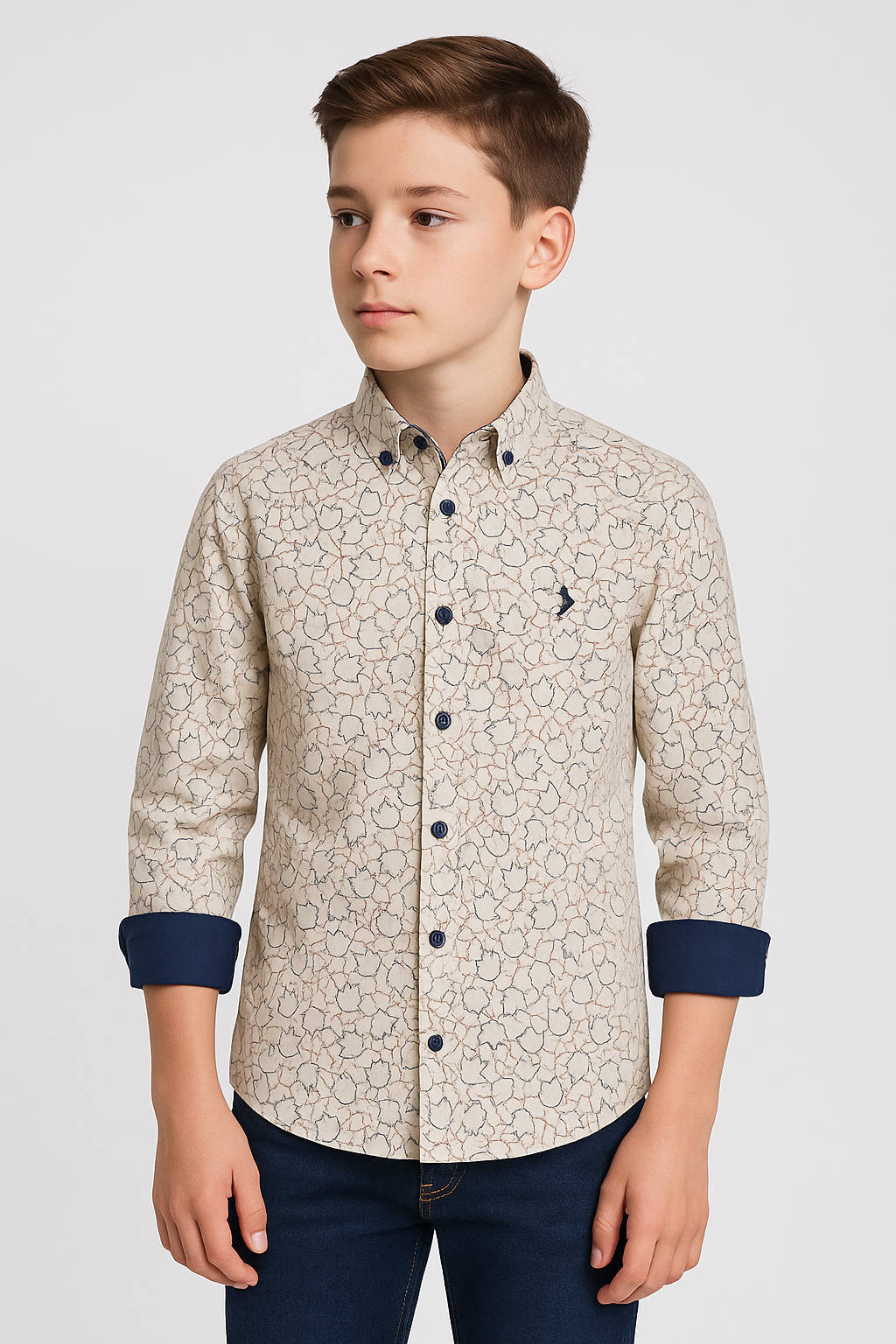Boys Slim Fit Leaves Print Cotton Shirt - Beige Model Picture
