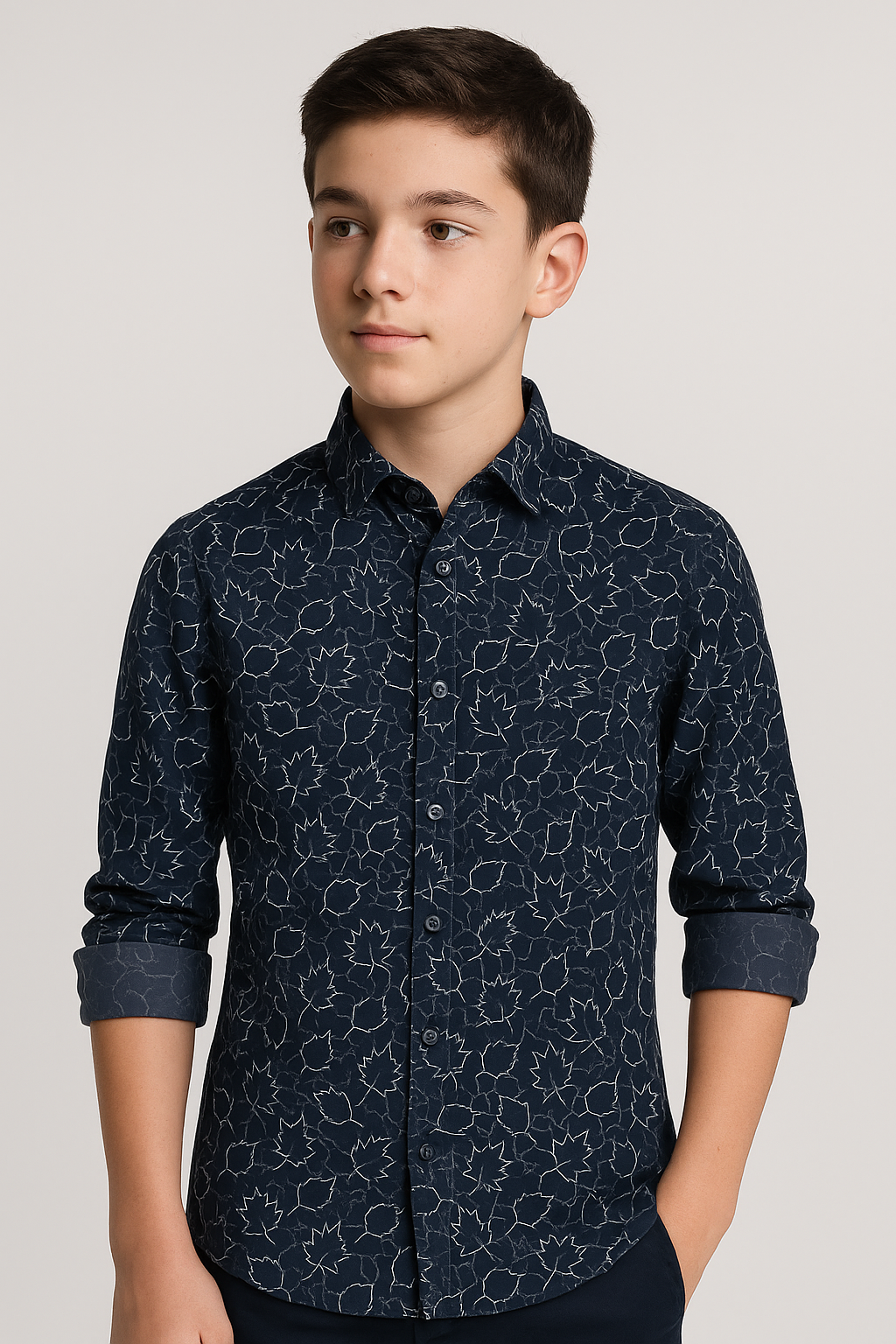 Boys Slim Fit Leaves Print Cotton Shirt - Black Model Picture