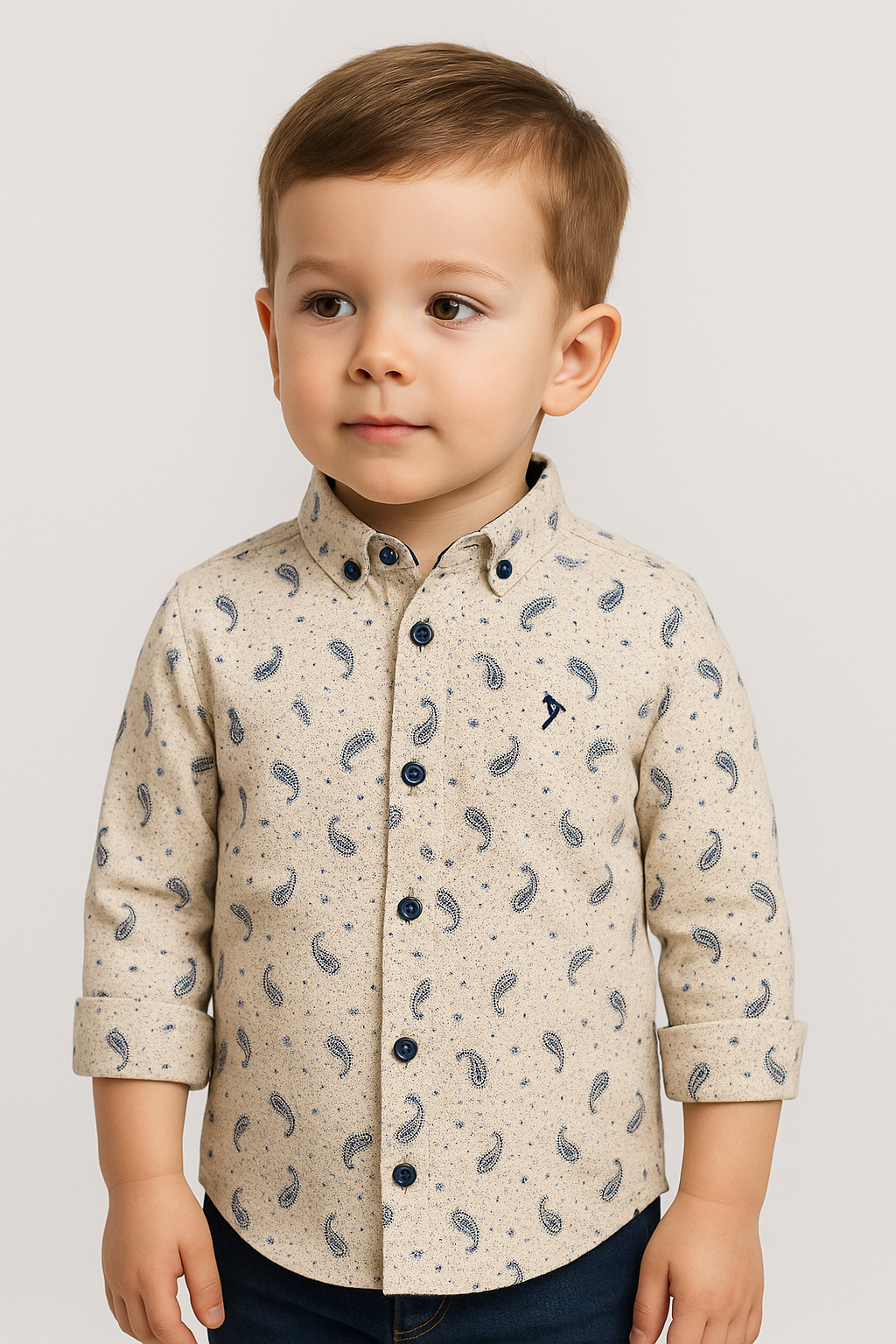 Boys Slim Fit Paisley Smart Casual Shirt - Patterned Beige