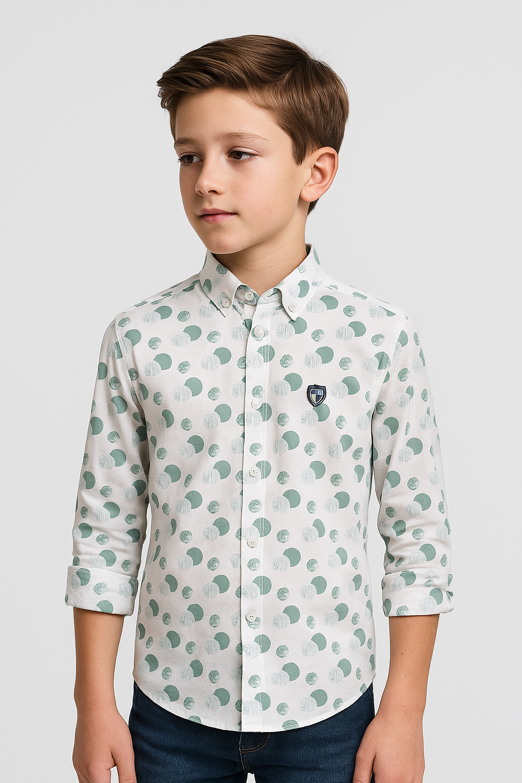Boys Slim Fit Patterned Printed Casual Shirt - Green - White