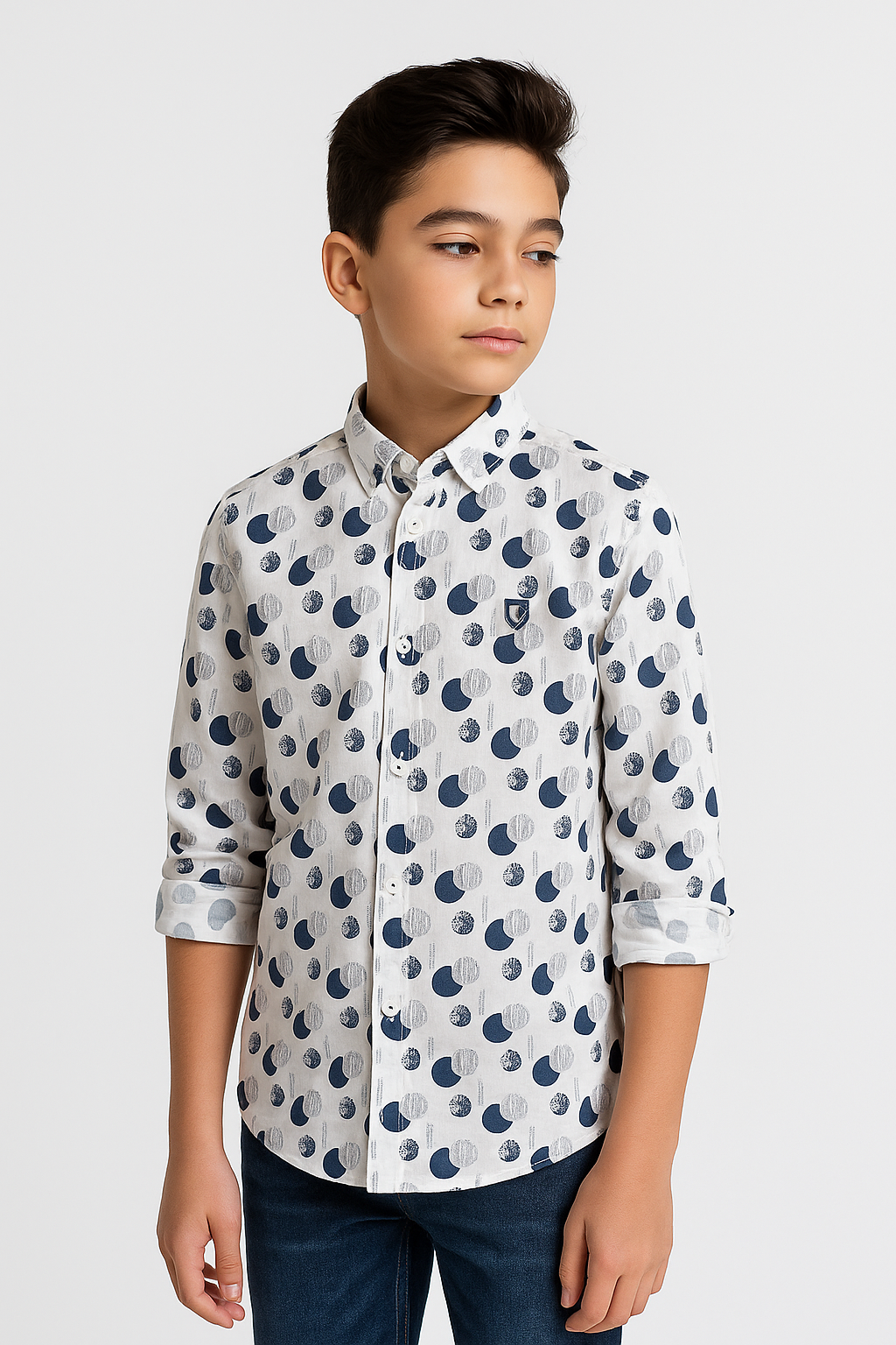 Boys Slim Fit Patterned Printed Casual Shirt - Navy Blue- White