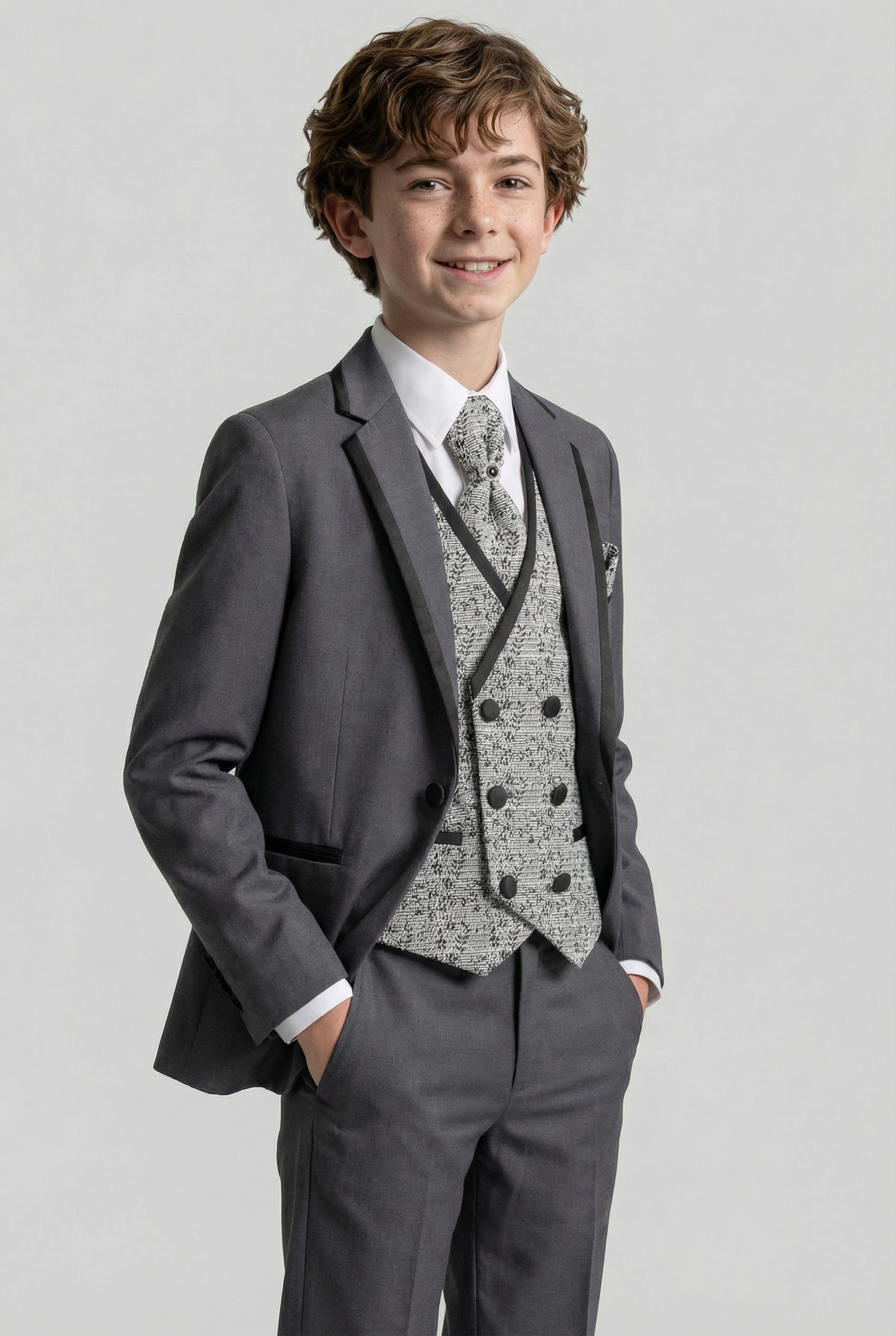 Boys Slim Fit Piping Grey Suit with Floral Waisctoat Set - Grey