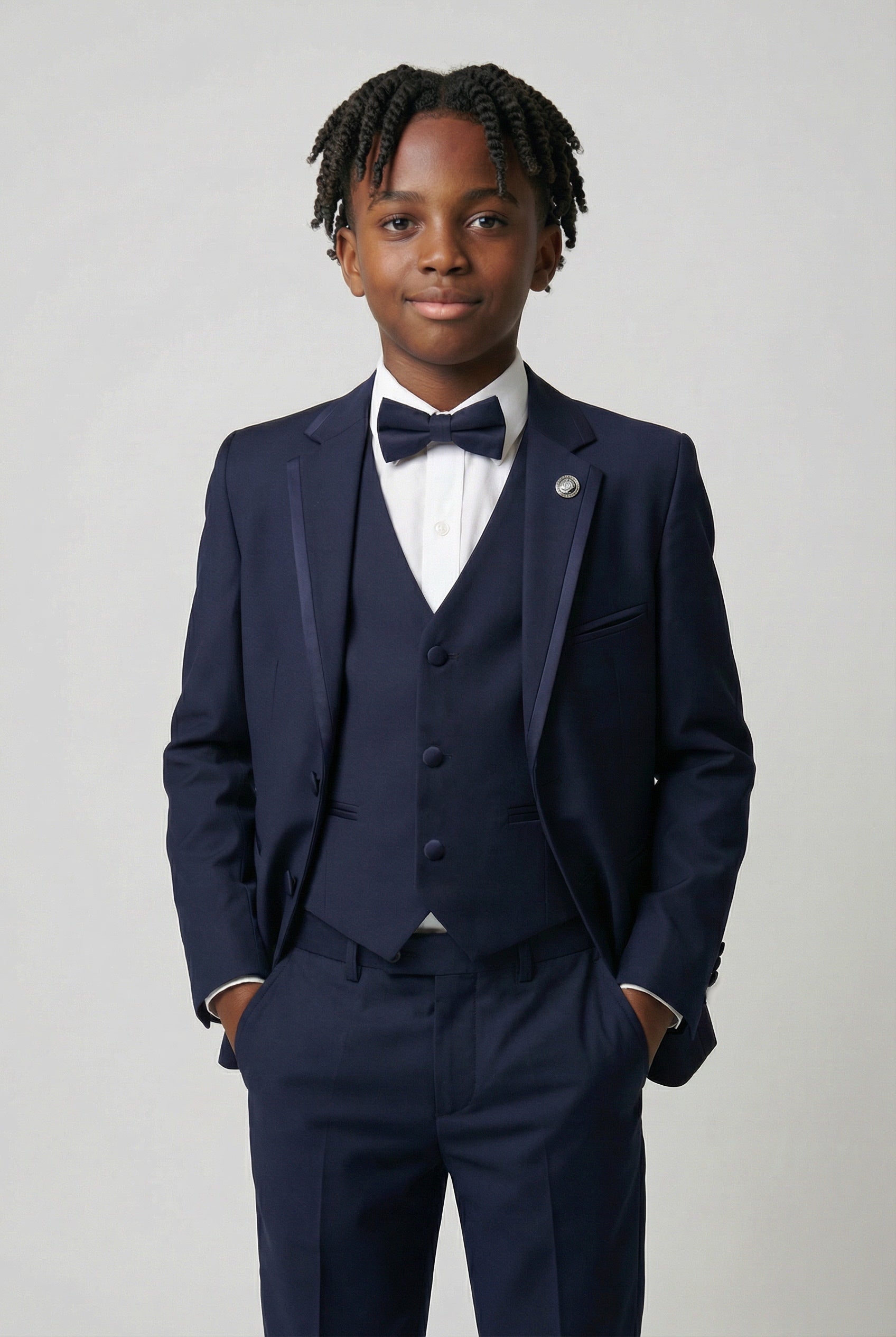 Boys Slim Fit  Piping Tuxedo Dinner Suit Set - Navy Blue
