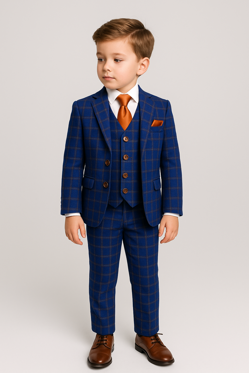 Boys Slim Fit Royal Blue Retro Check Suit - Royal Blue- Brown Model Picture