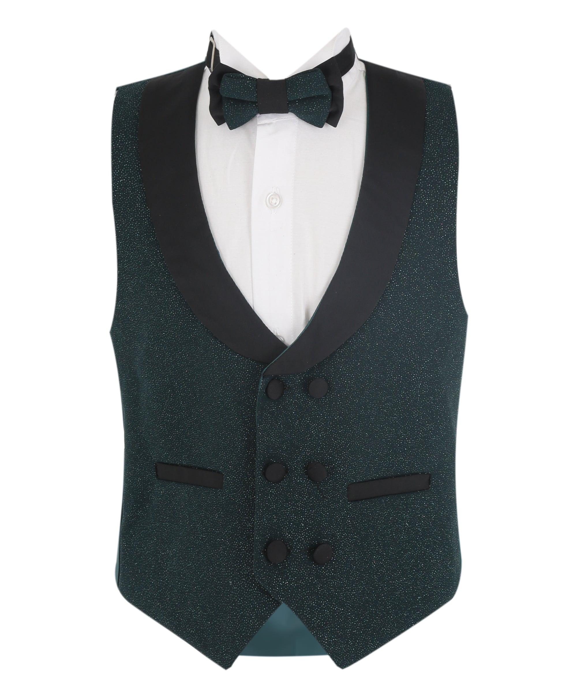 Boys Slim Fit Shimmer Tuxedo Suit - Dark Green Waistcoat Front Picture