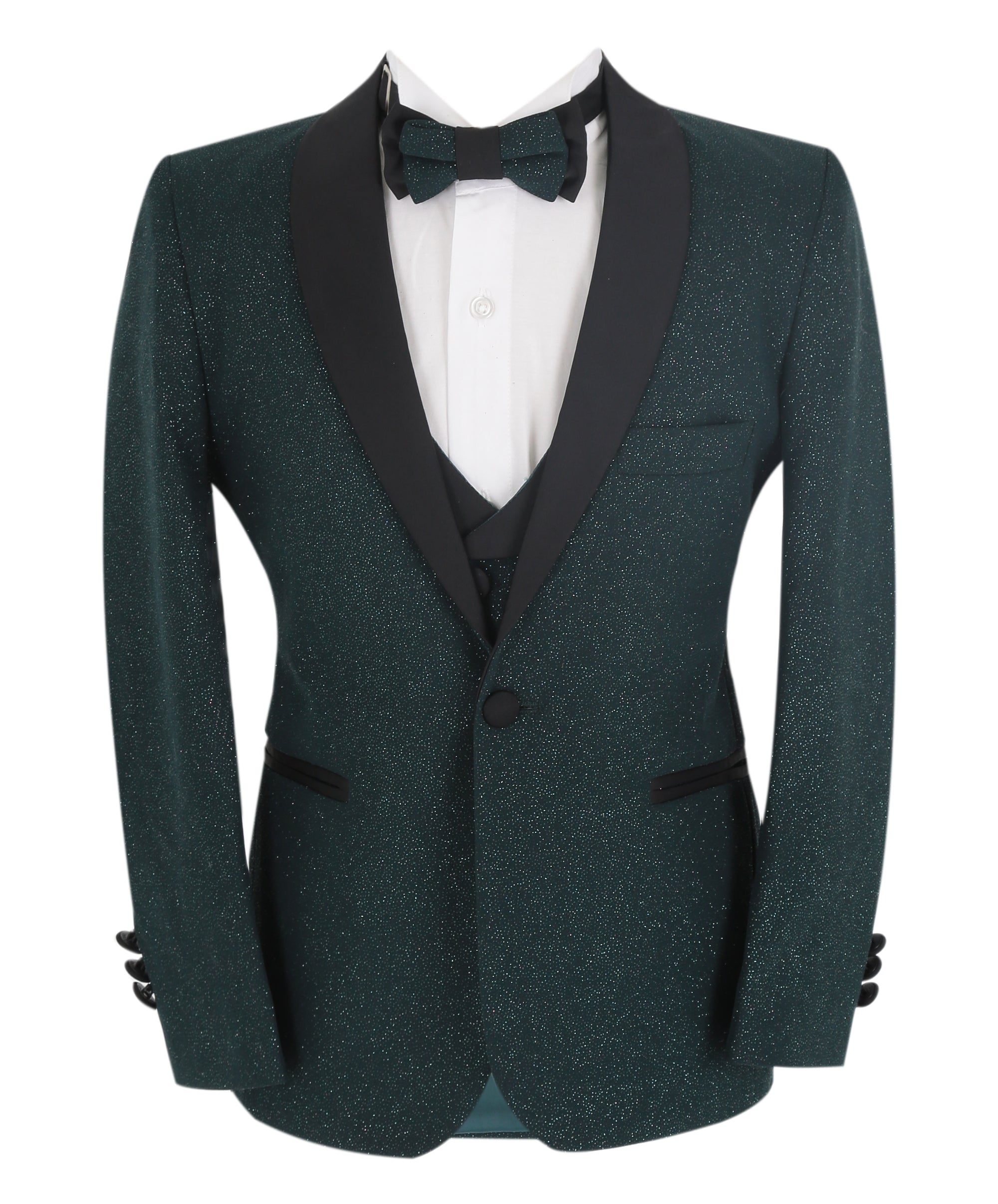 Boys Slim Fit Shimmer Tuxedo Suit - Dark Green Front Picture
