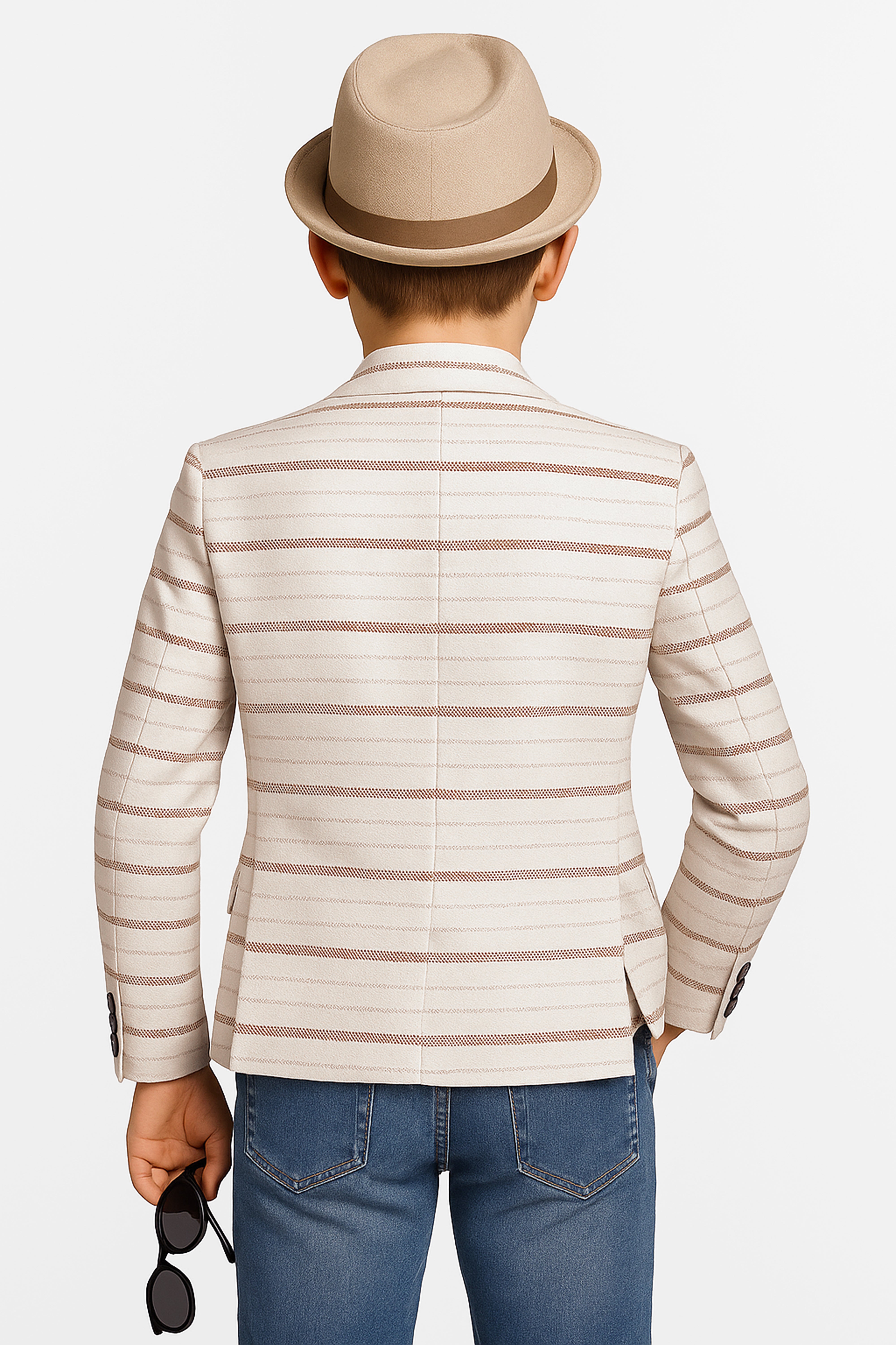 Boys Slim Fit Striped Blazer - Beige - Brown Back Picture
