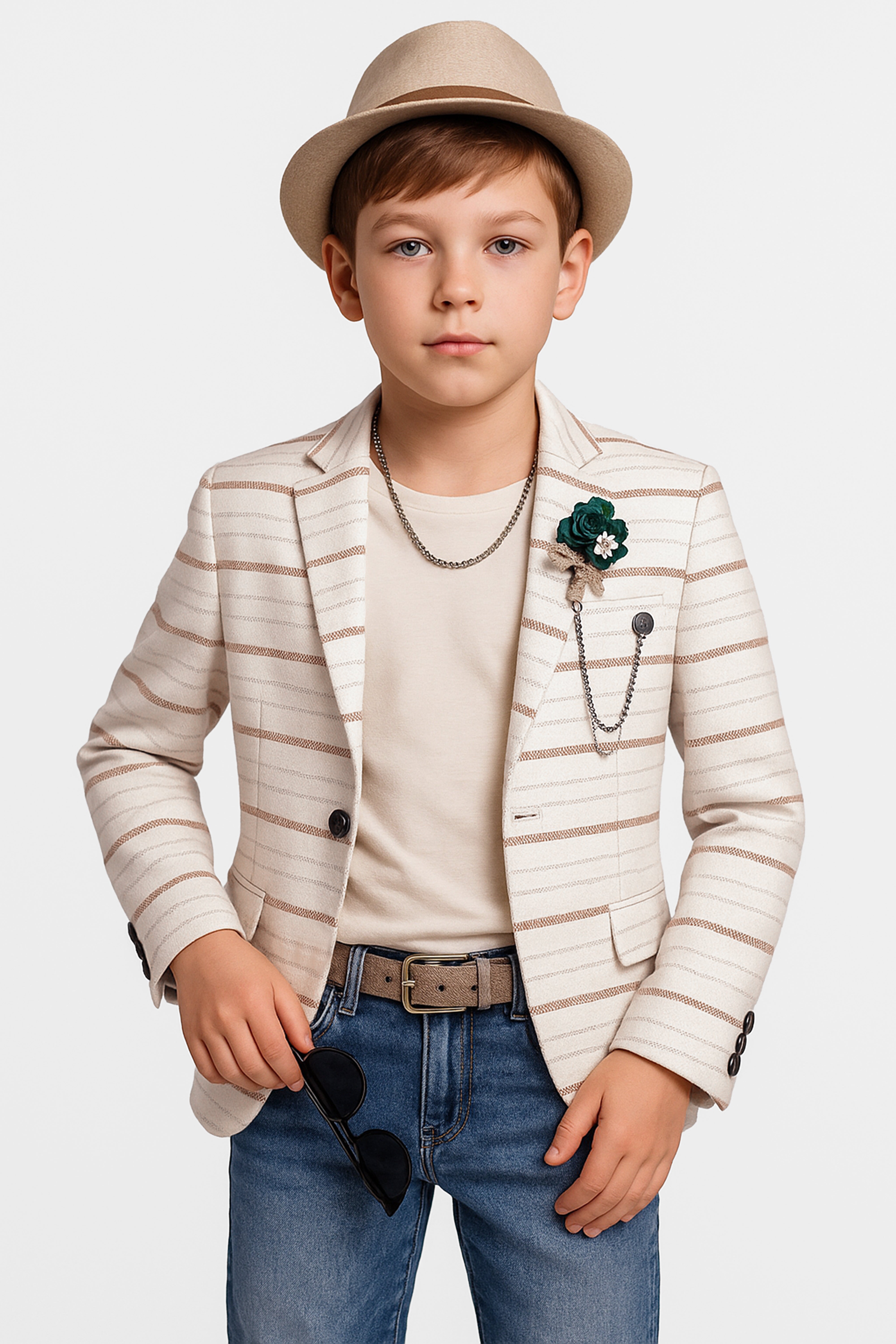 Boys Slim Fit Striped Blazer - Beige - Brown Model Picture
