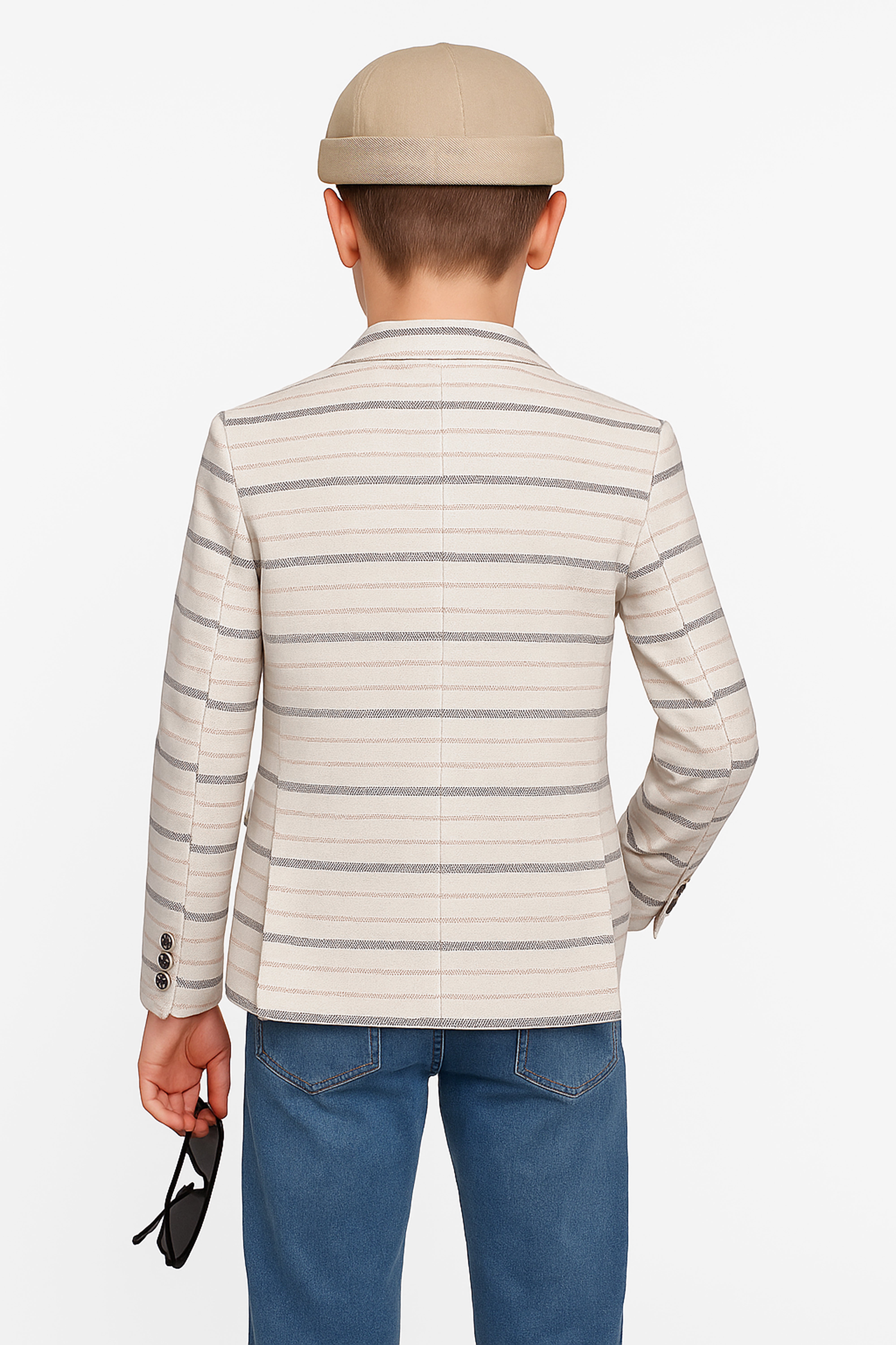 Boys Slim Fit Striped Blazer - Beige - Green Back Picture
