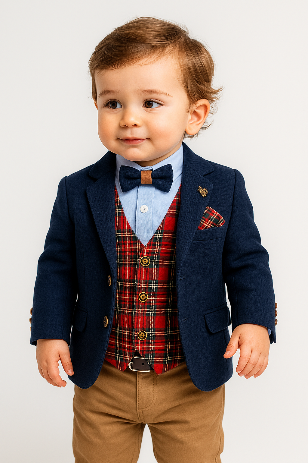 Boys Slim Fit Suit With Tartar check Waistcoat Set - Navy Blue