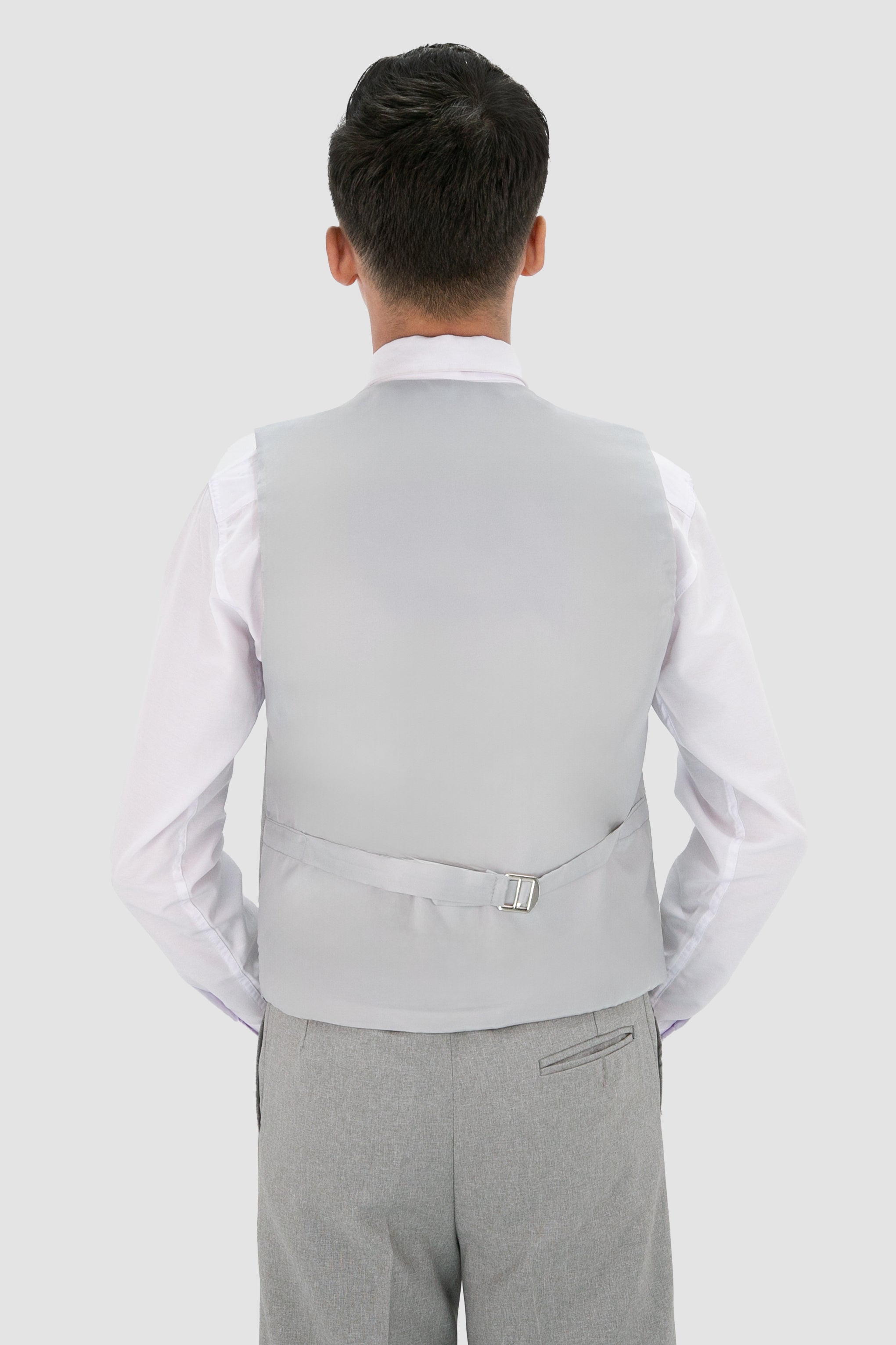 Boys Slim Fit Textured 8-Piece Formal Suit Set - Light Grey Waistcoat Back Picture