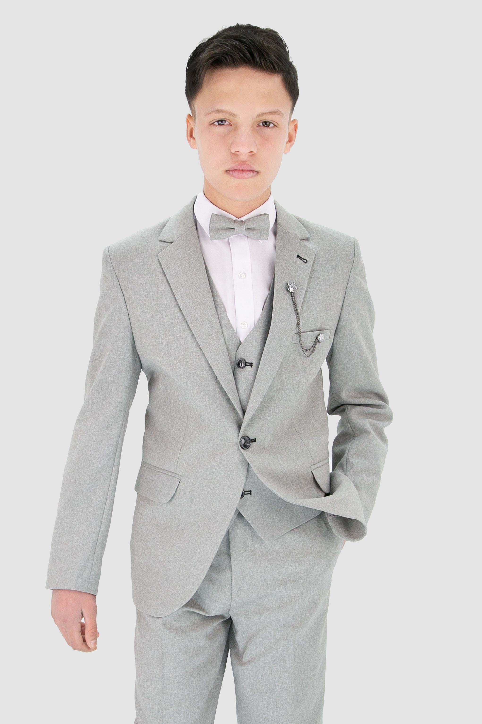 Boys Slim Fit Textured 8-Piece Formal Suit Set - Light Grey Model Picture with Bowite