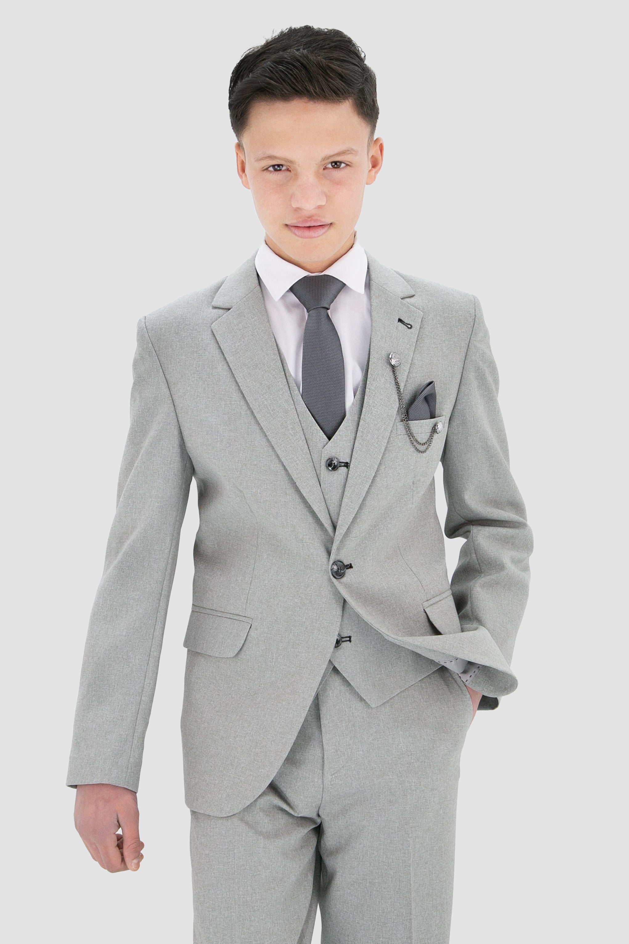 Boys Slim Fit Textured 8-Piece Formal Suit Set - Light Grey Model Picture