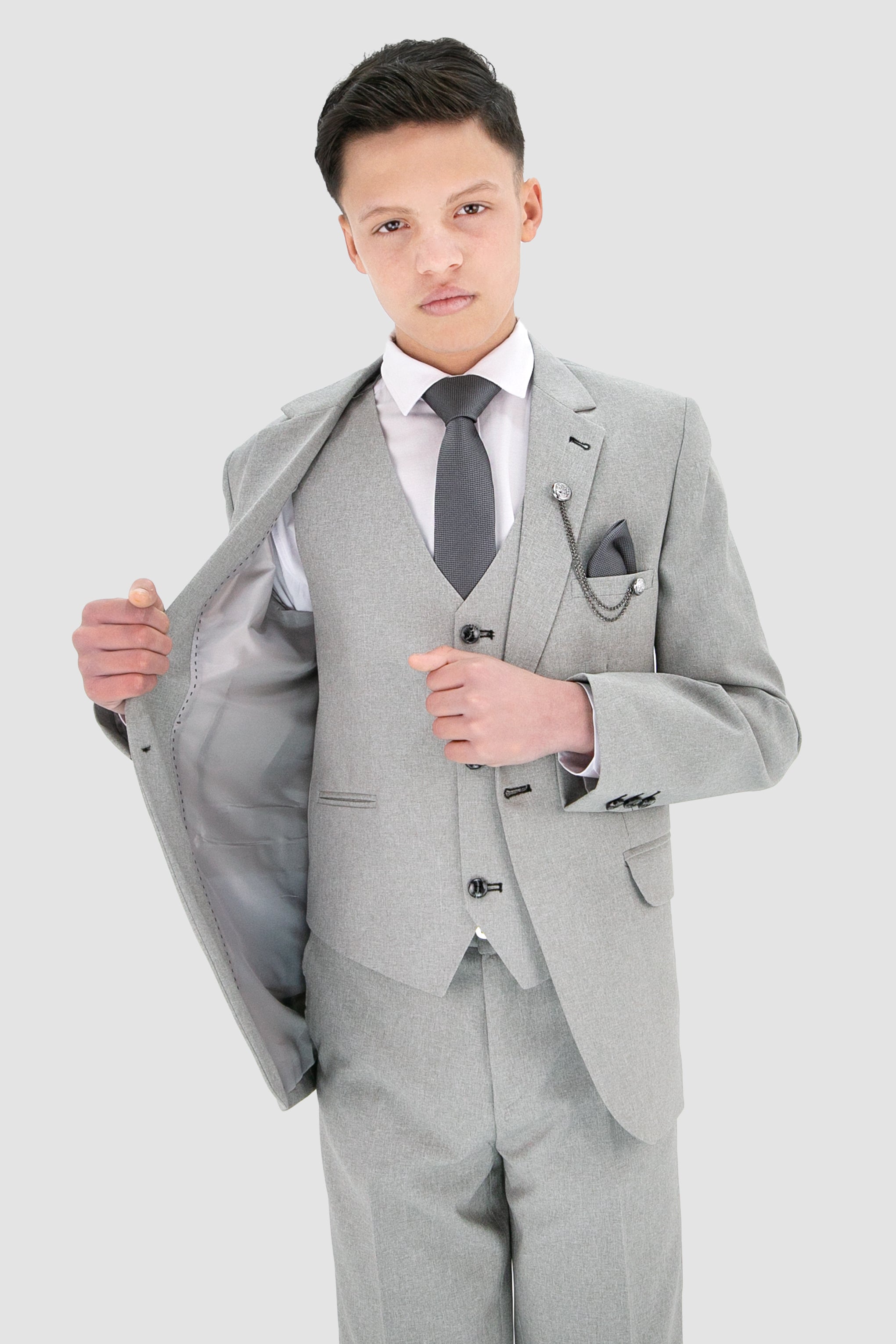 Boys Slim Fit Textured 8-Piece Formal Suit Set - Light Grey Linning Picture