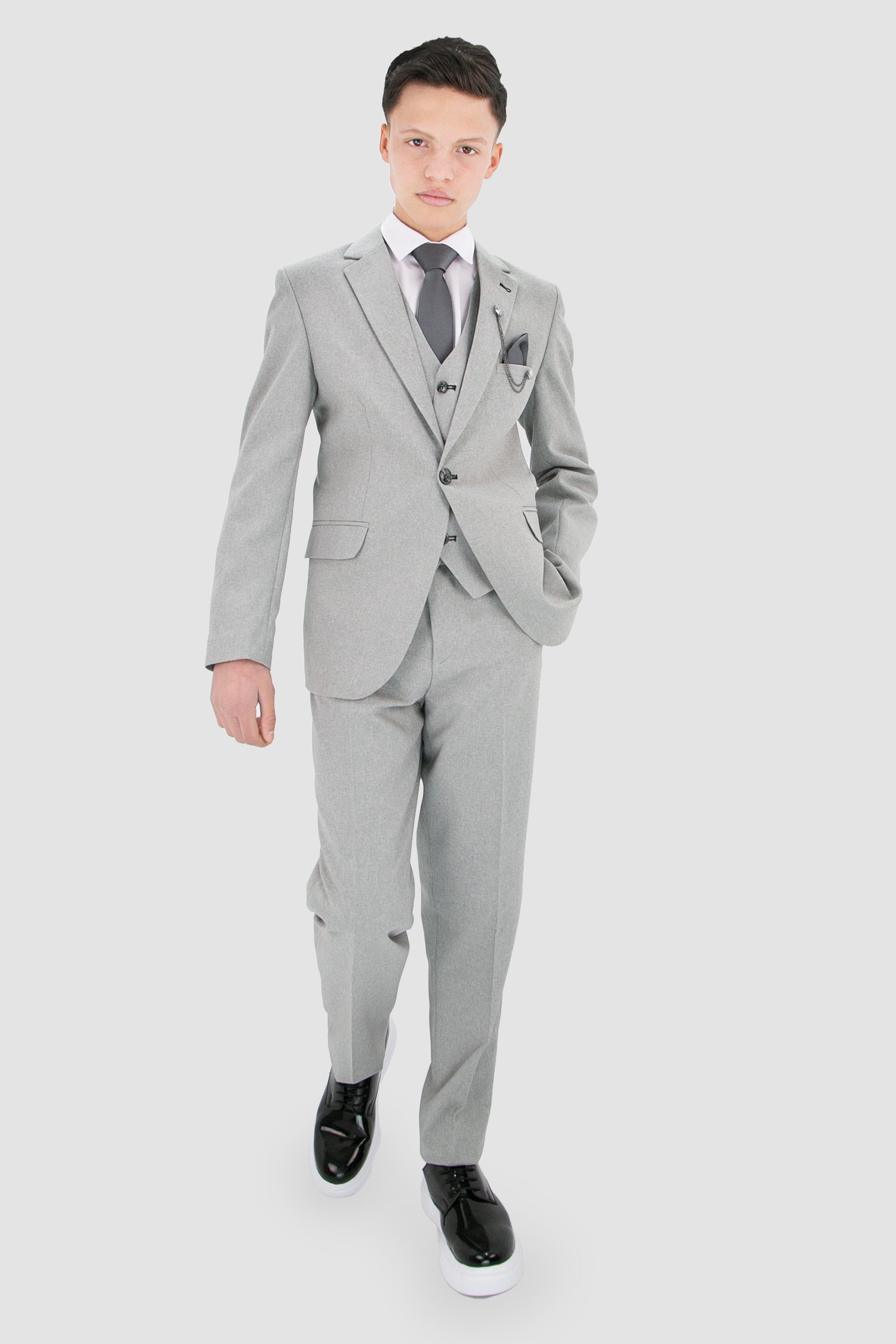 Boys Slim Fit Textured 8-Piece Formal Suit Set - Light Grey Model Front Picture