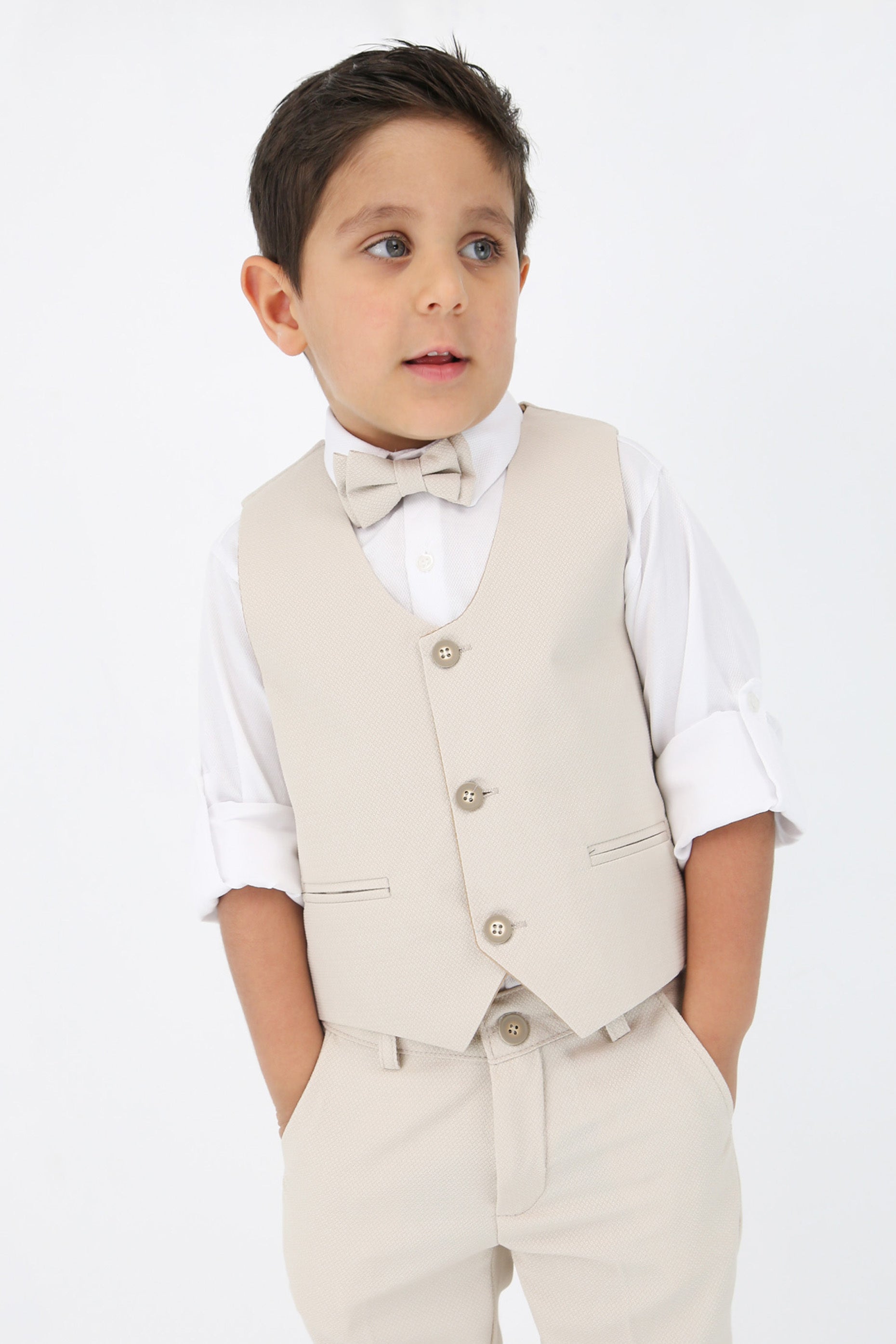 Boys' Slim Fit Textured Waistcoat Suit Set, Formal Outfit - Beige