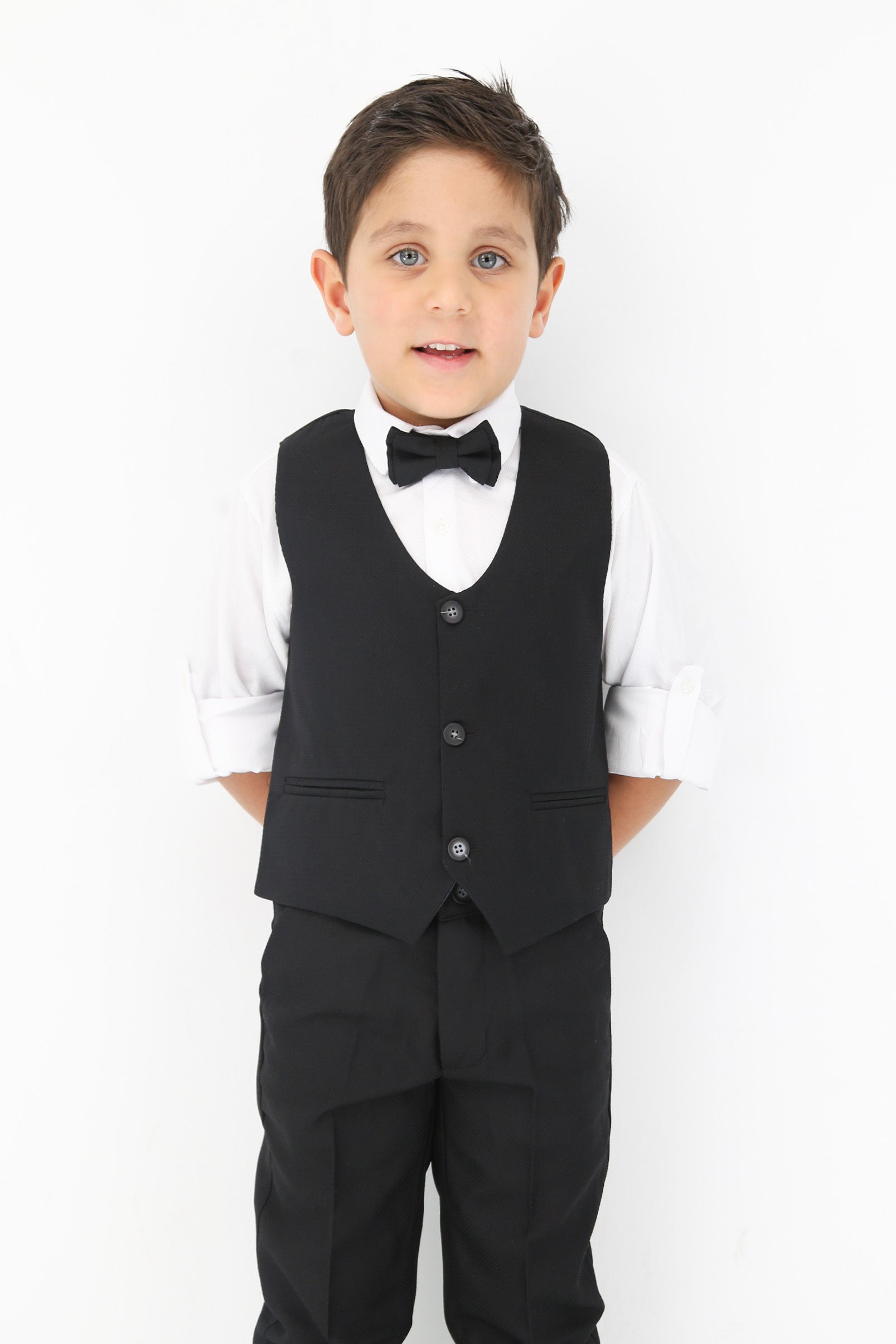 Boys' Slim Fit Textured Waistcoat Suit Set, Formal Outfit - Black