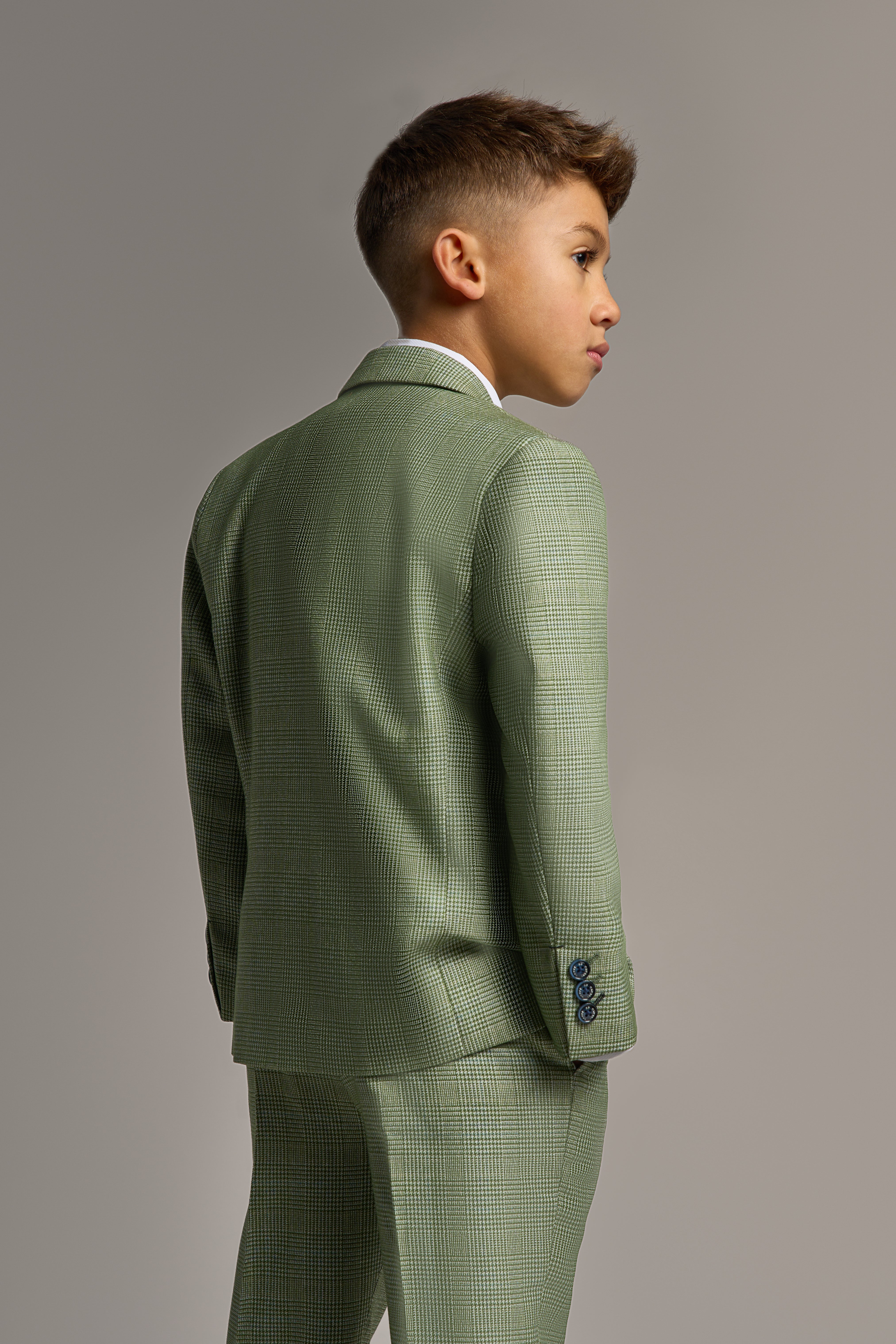 Boys Slim Fit Tweed Check Suit - CARIDI - Sage Green Model Back Picture