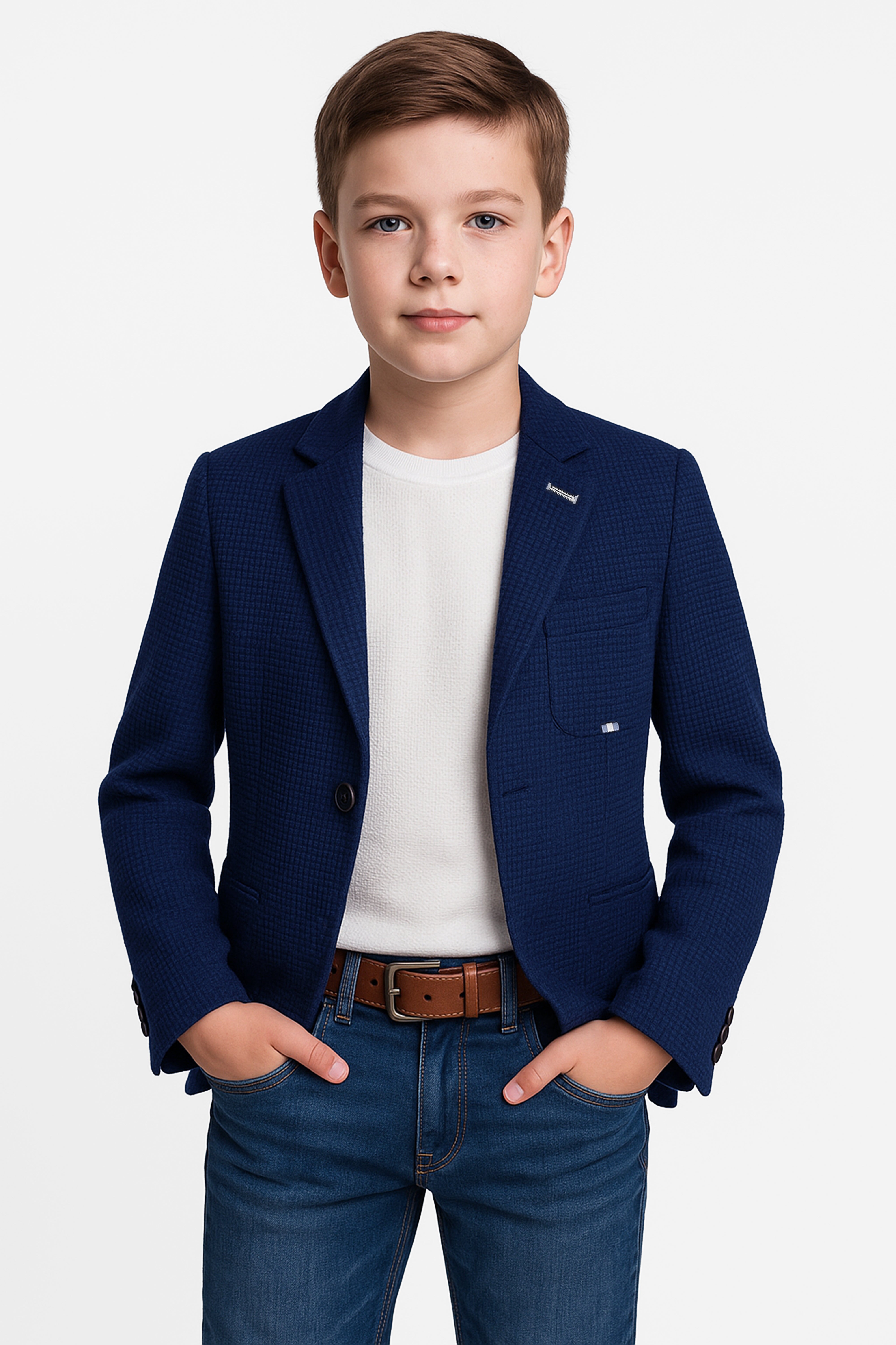 Boys Slim Fit Twill Formal Blazer - TERRY - Navy Blue Model Picture