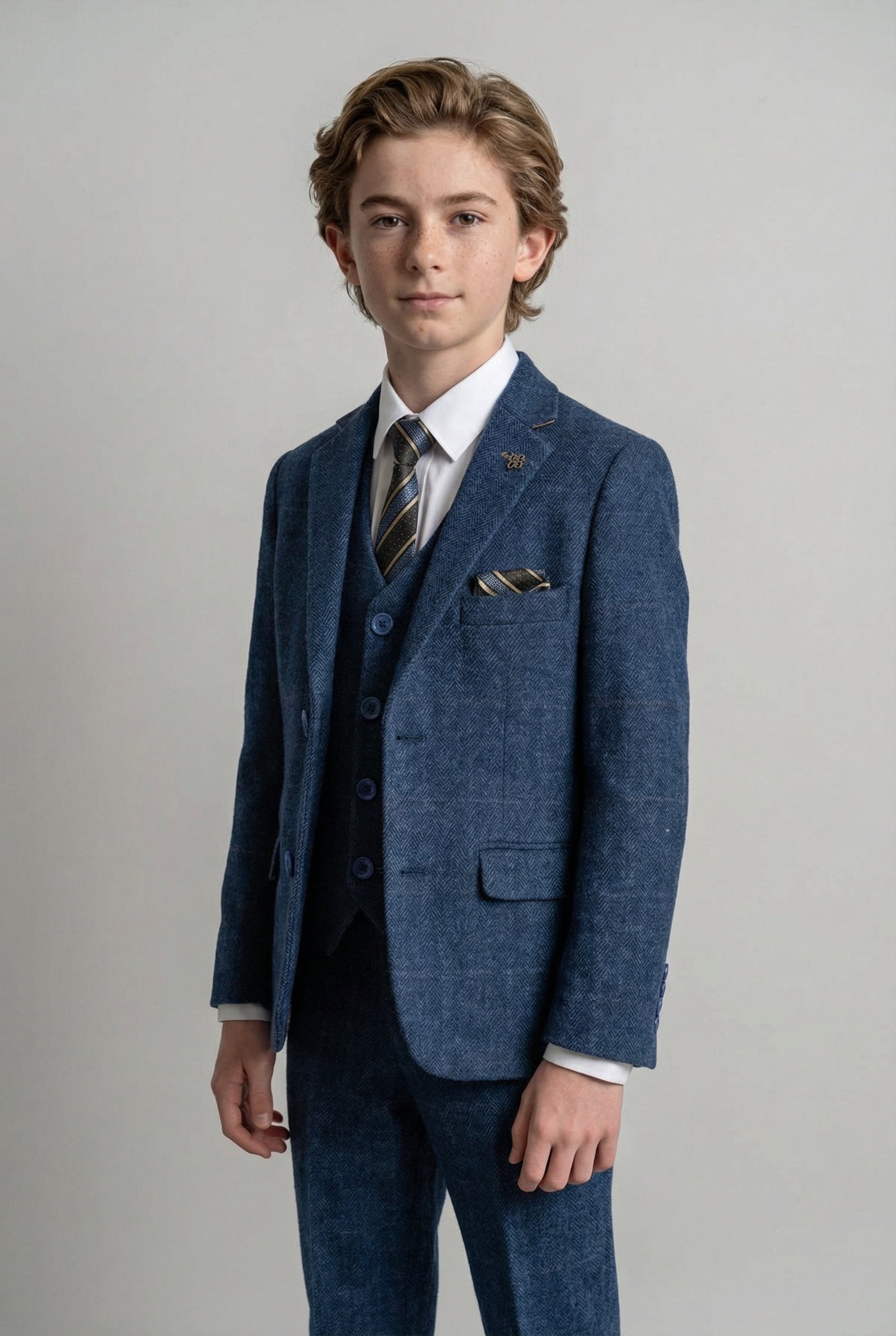 Boys Slim Fit Wool Blend Herringbone Tweed Blue Suit - CARNEGI - Navy Blue