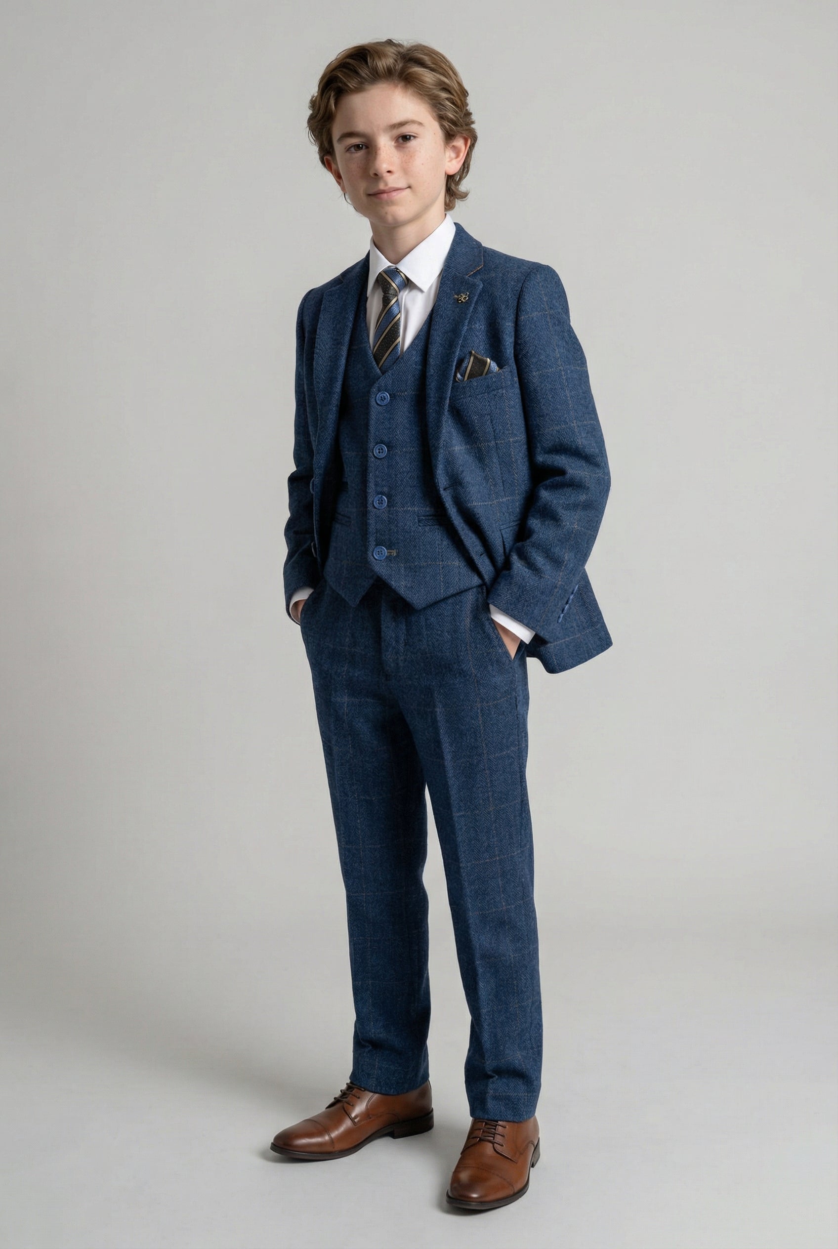 Boys Slim Fit Wool Blend Herringbone Tweed Blue Suit - CARNEGI - Navy Blue