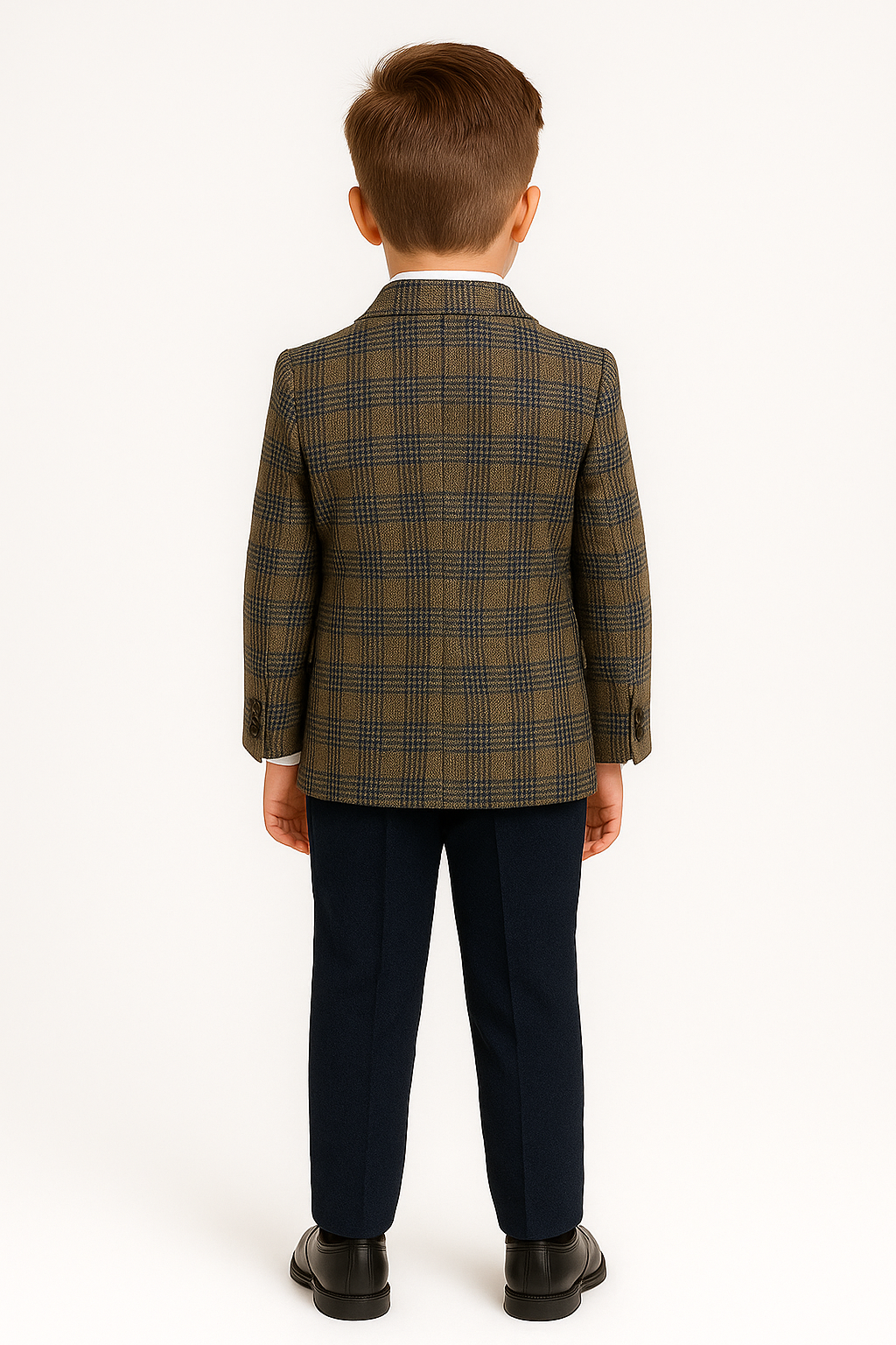 Boys Slim Fit Woven Effect Plaid Check Suit - Navy Blue