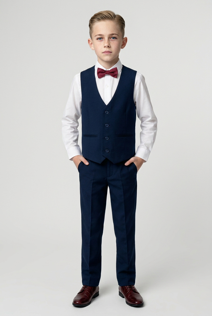 Boys Summer Waistcoat Suit 4 PC Set - Navy Blue