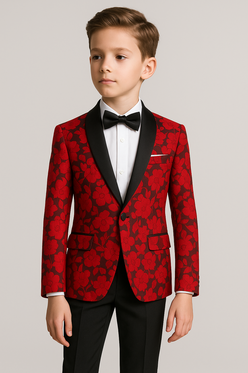 Boys Tailored Fit Floral Patterned Tuxedo Suit - Red- Black