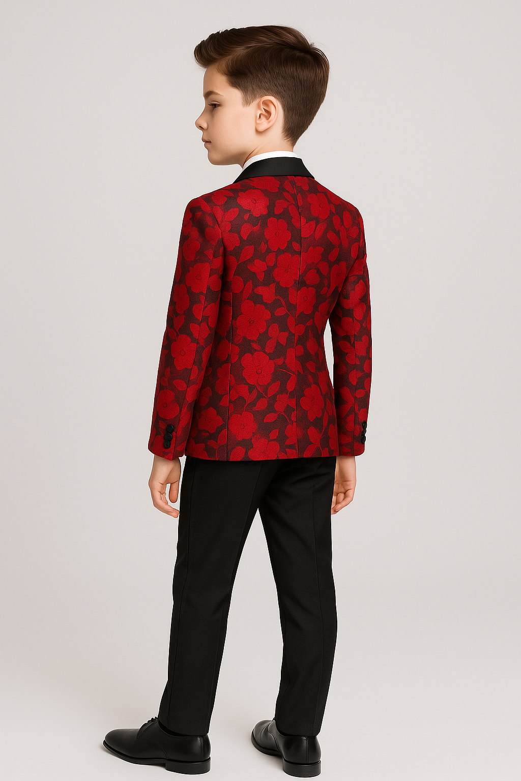 Boys Tailored Fit Floral Patterned Tuxedo Suit - Red- Black