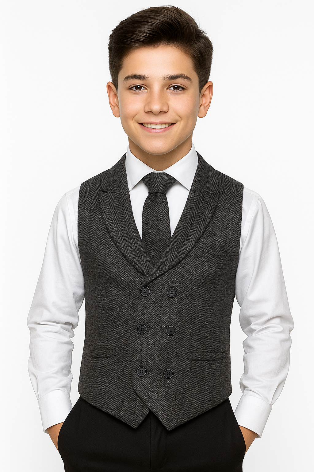 Boys Tailored Fit  Herringbone Tweed  Waistcoat Set - Charcoal Grey
