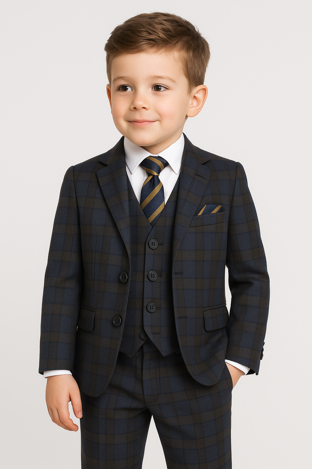 Boys Tailored Fit Retro Check Navy Suit - Navy Blue - Brown