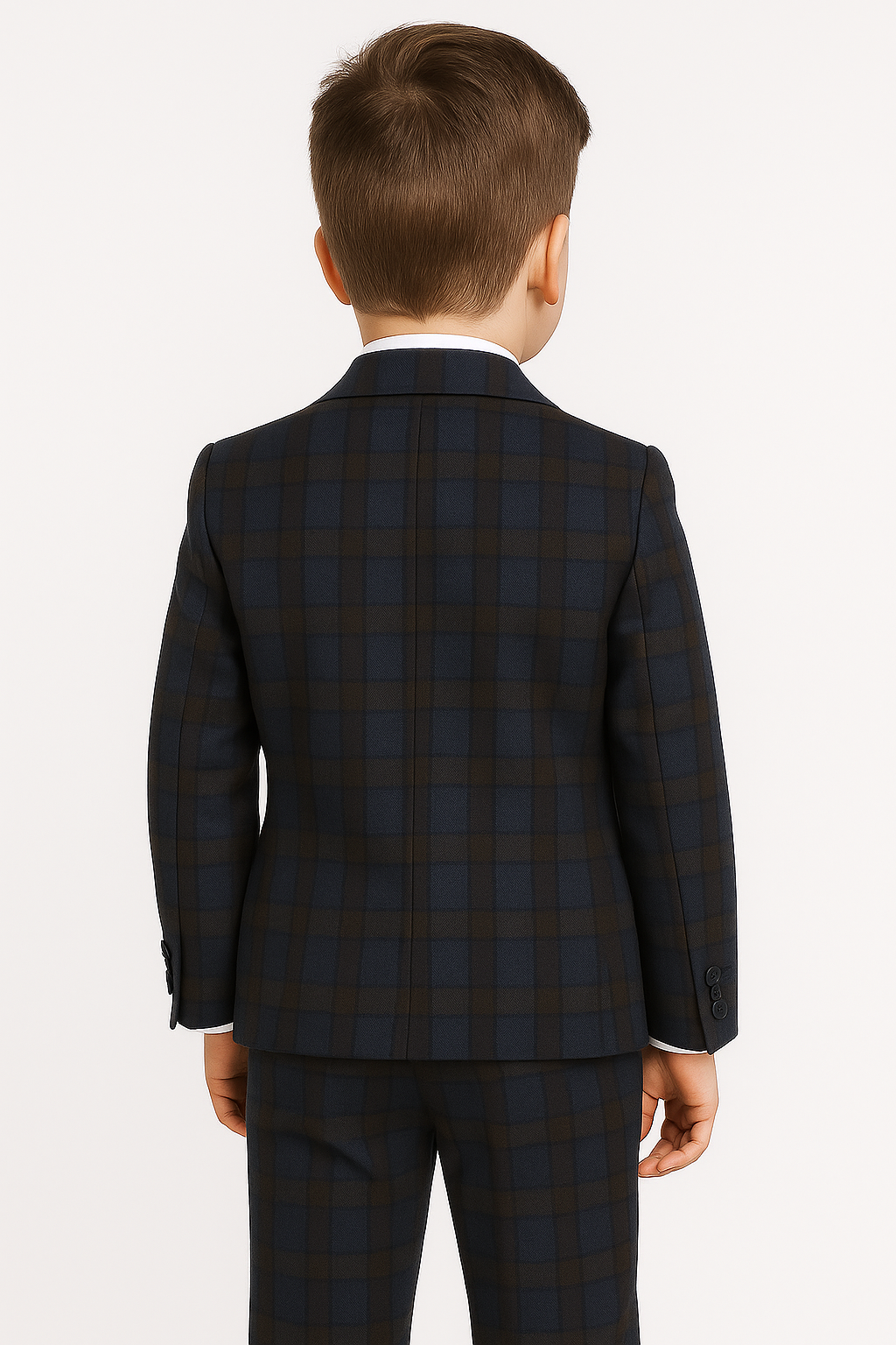 Boys Tailored Fit Retro Check Navy Suit - Navy Blue - Brown
