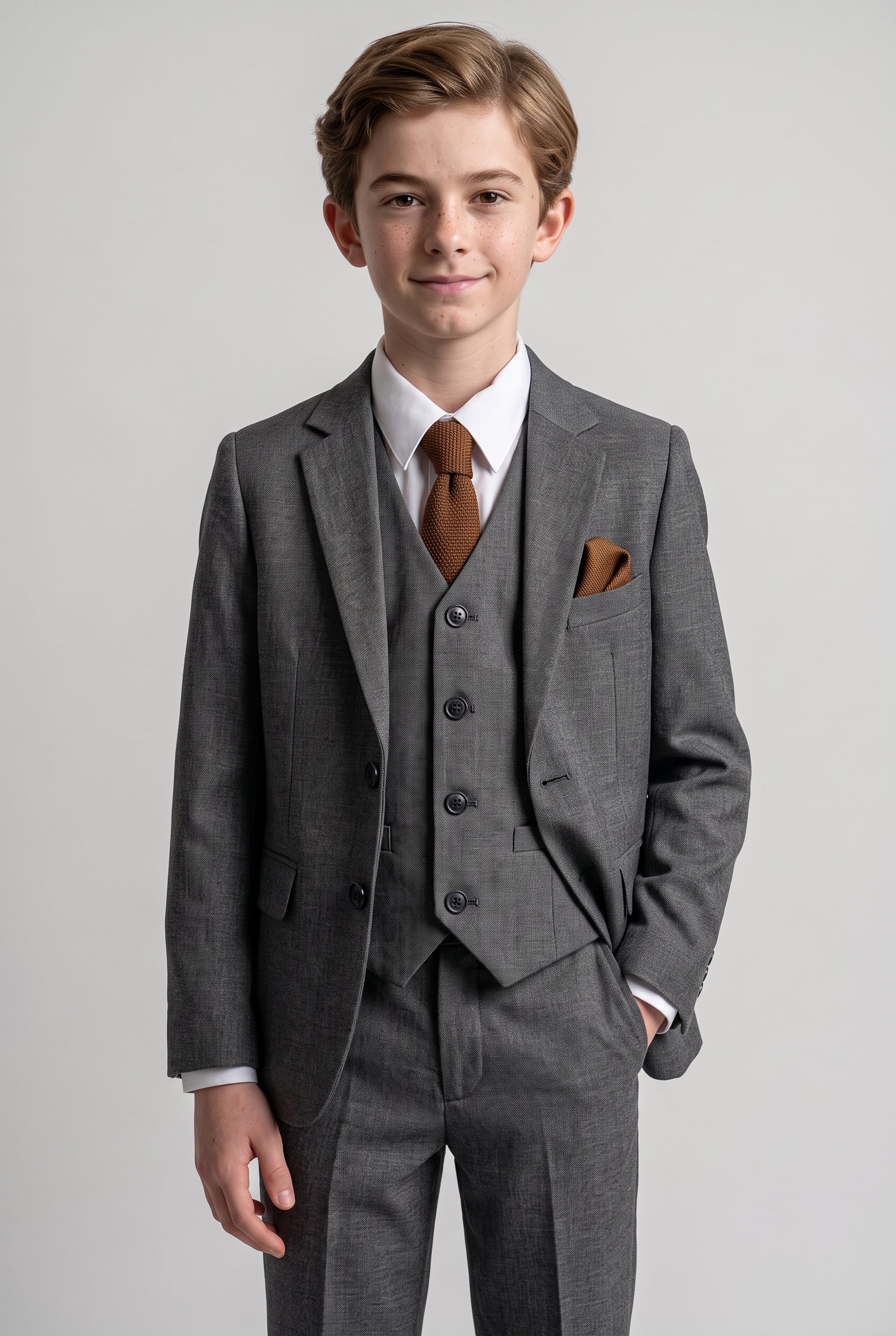 Boys Tailored Fit Suit Formal Wedding 6 Pieces Set in Grey