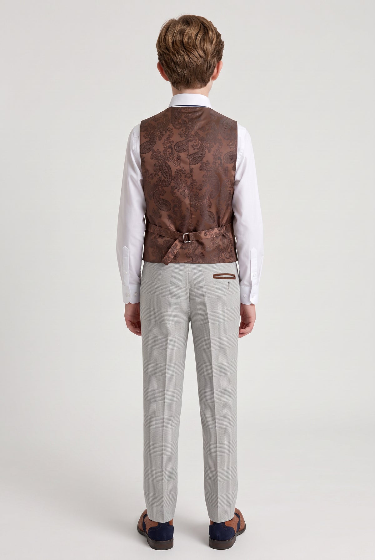 Boys Tailored Fit Tweed Check Suit - MARK - Stone Beige