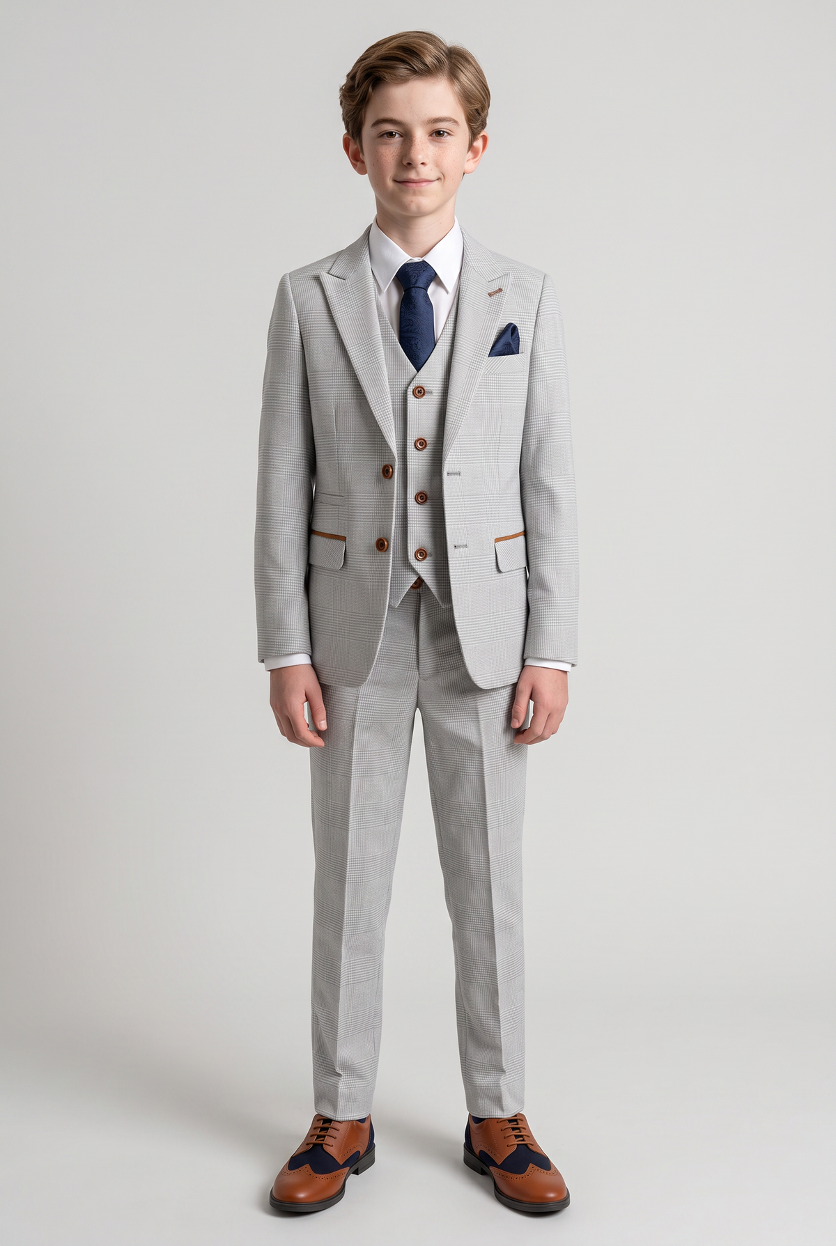 Boys Tailored Fit Tweed Check Suit - MARK - Stone Beige